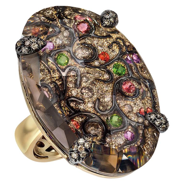 Gioielli Cellini Oro 18Kt, Diamante Marrone e 39,70Ct. Anello ovale di quarzo marrone