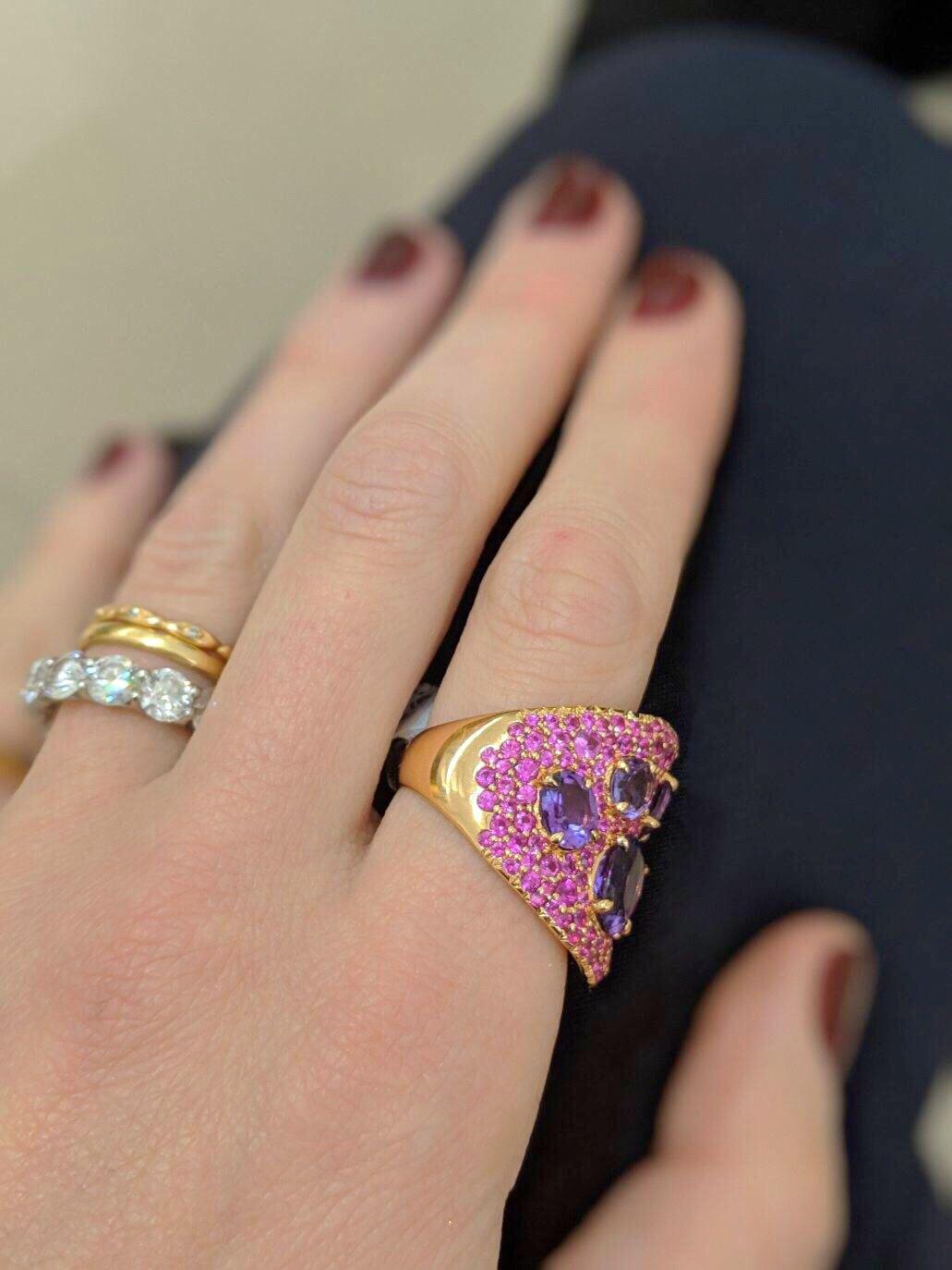 Modern 18 Karat Rose Gold, 5.99 Carat, Amethyst and 4.05 Carat, Pink Sapphire Ring For Sale