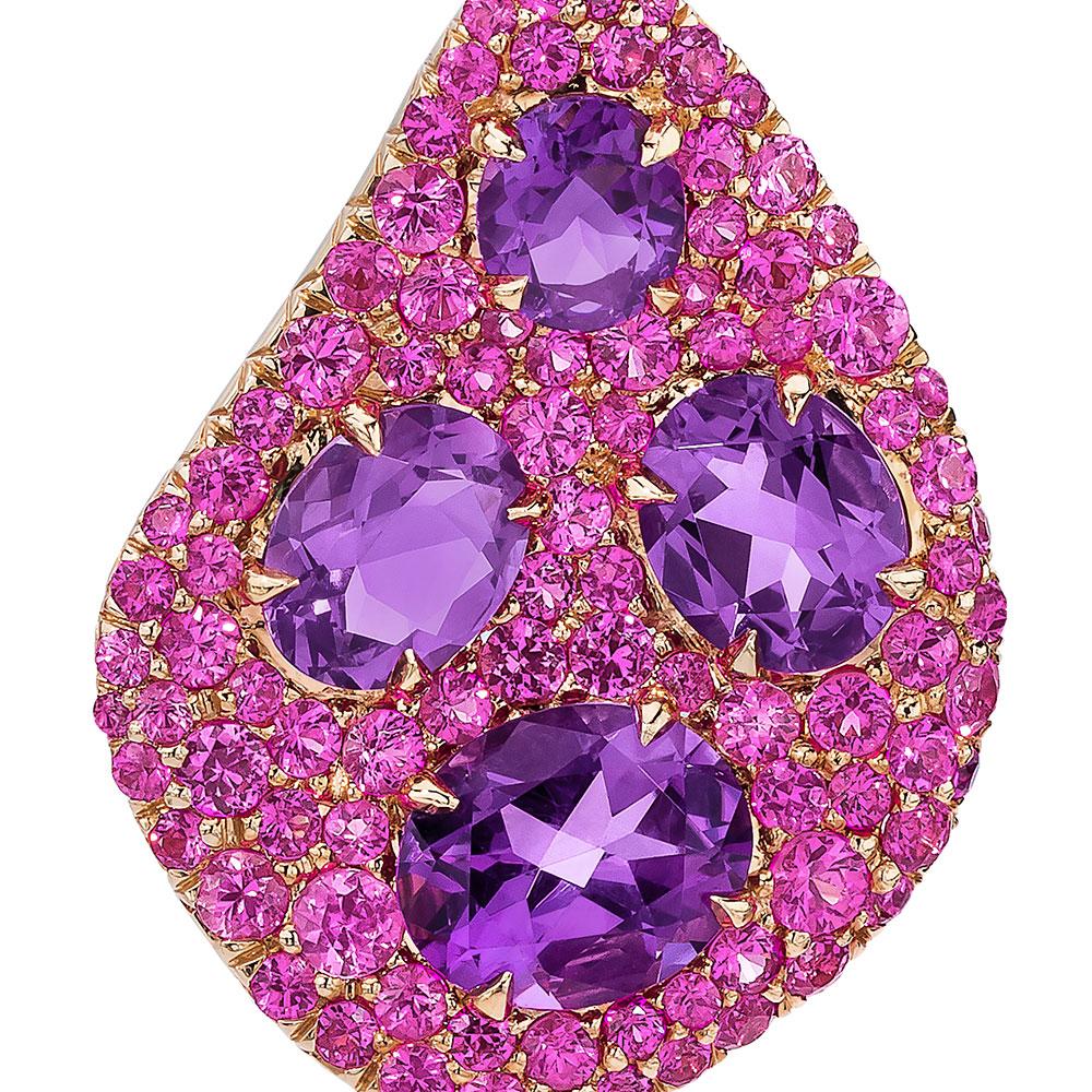 These stunning 18 karat rose gold earrings feature 6.26 carats of amethyst set in 5.79 carats of pave pink sapphires. 
Earrings measure approximately 1.5