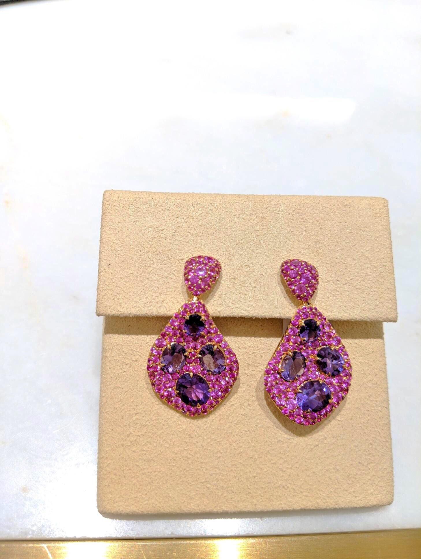 Modern 18 Karat Rose Gold 6.26 Carat Amethyst and 5.79 Carat Pink Sapphire Earrings