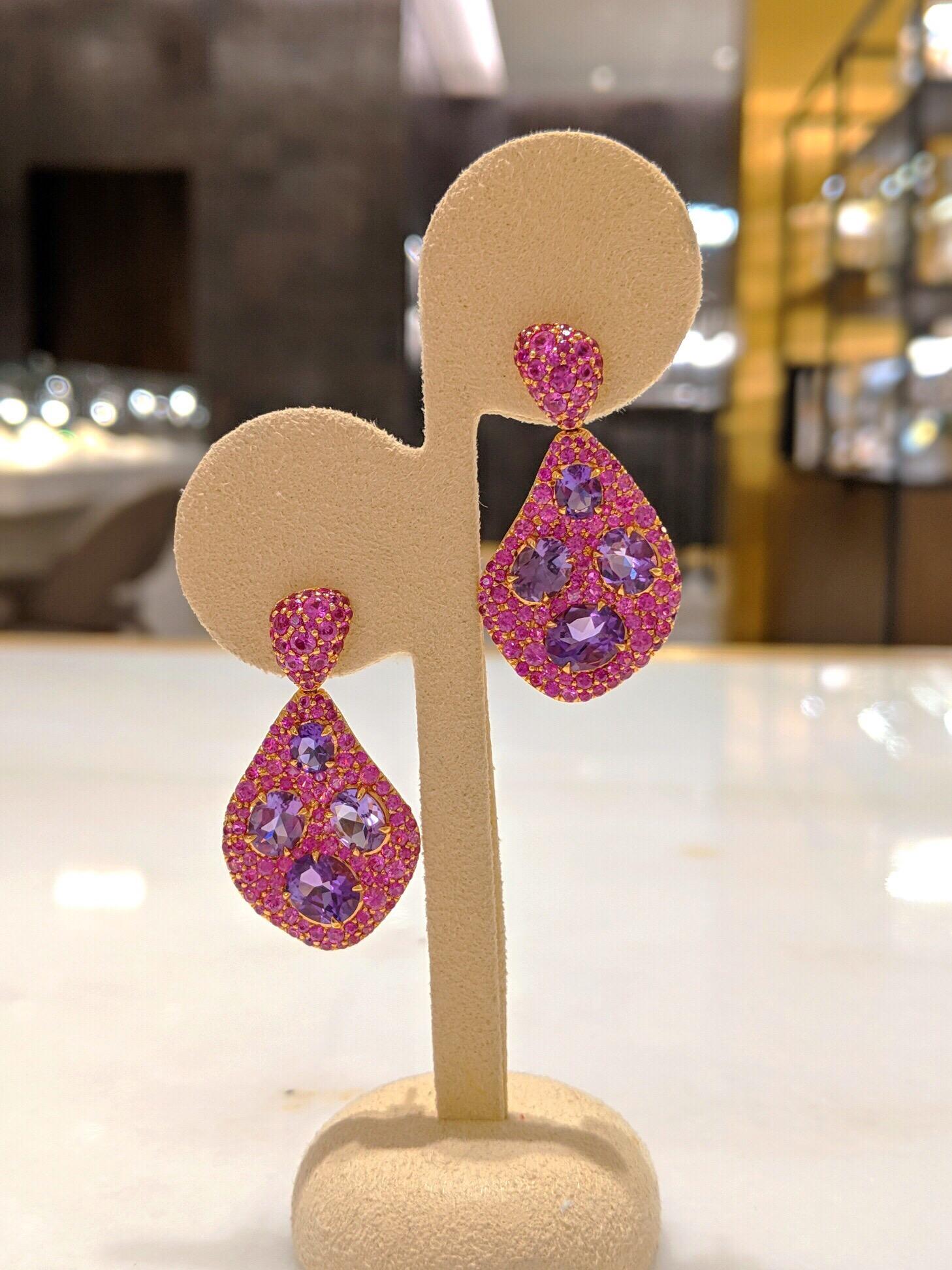 18 Karat Rose Gold 6.26 Carat Amethyst and 5.79 Carat Pink Sapphire Earrings In New Condition In New York, NY