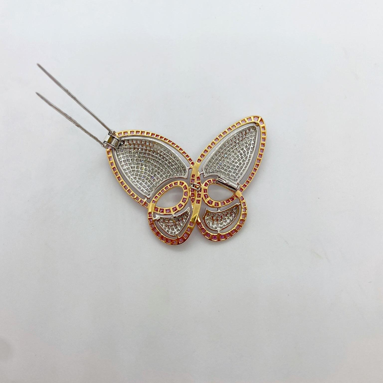 Taille ronde Broche papillon en or 18 carats WG, diamants de 4,20 carats et saphirs roses de 4,80 carats en vente