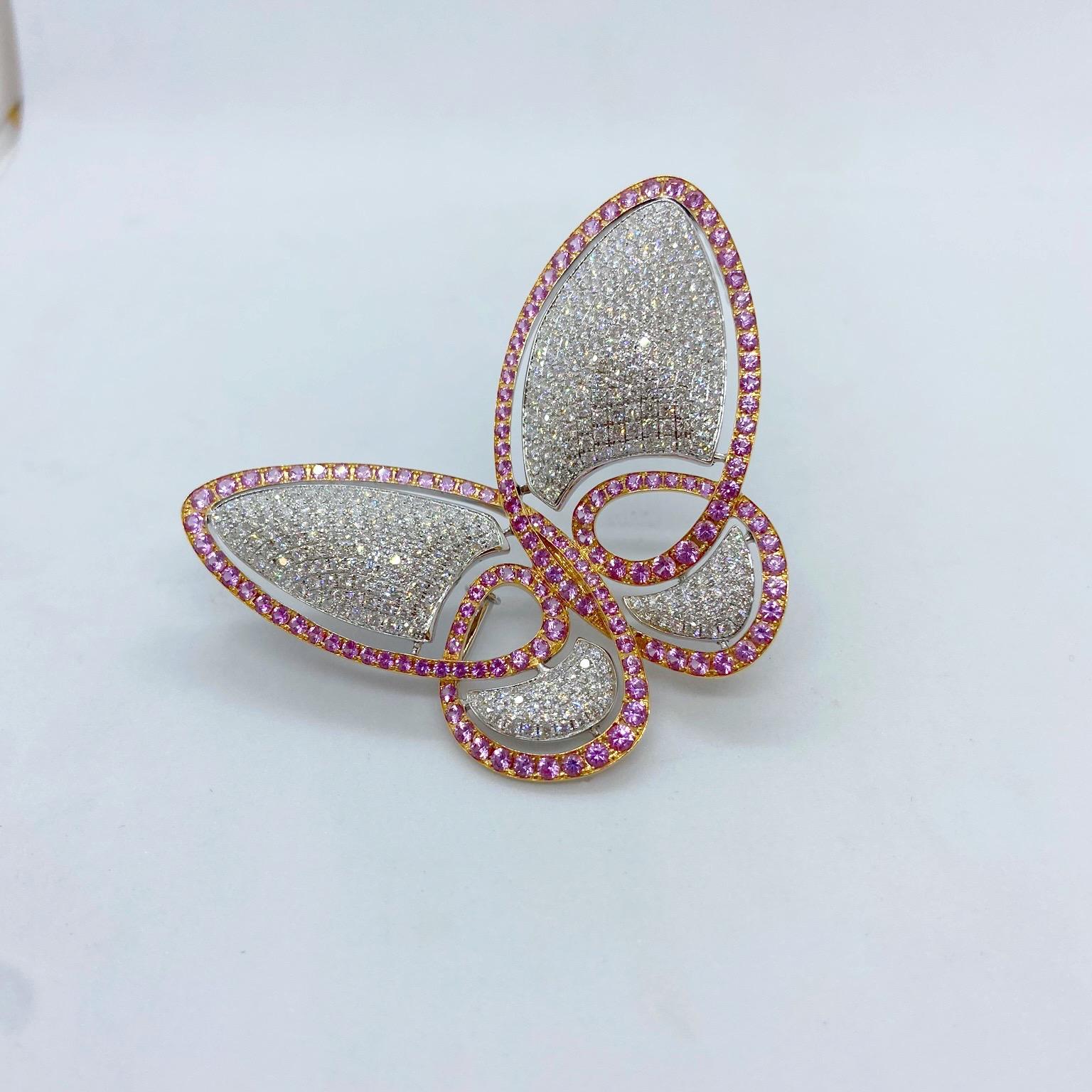 Broche papillon en or 18 carats WG, diamants de 4,20 carats et saphirs roses de 4,80 carats Unisexe en vente