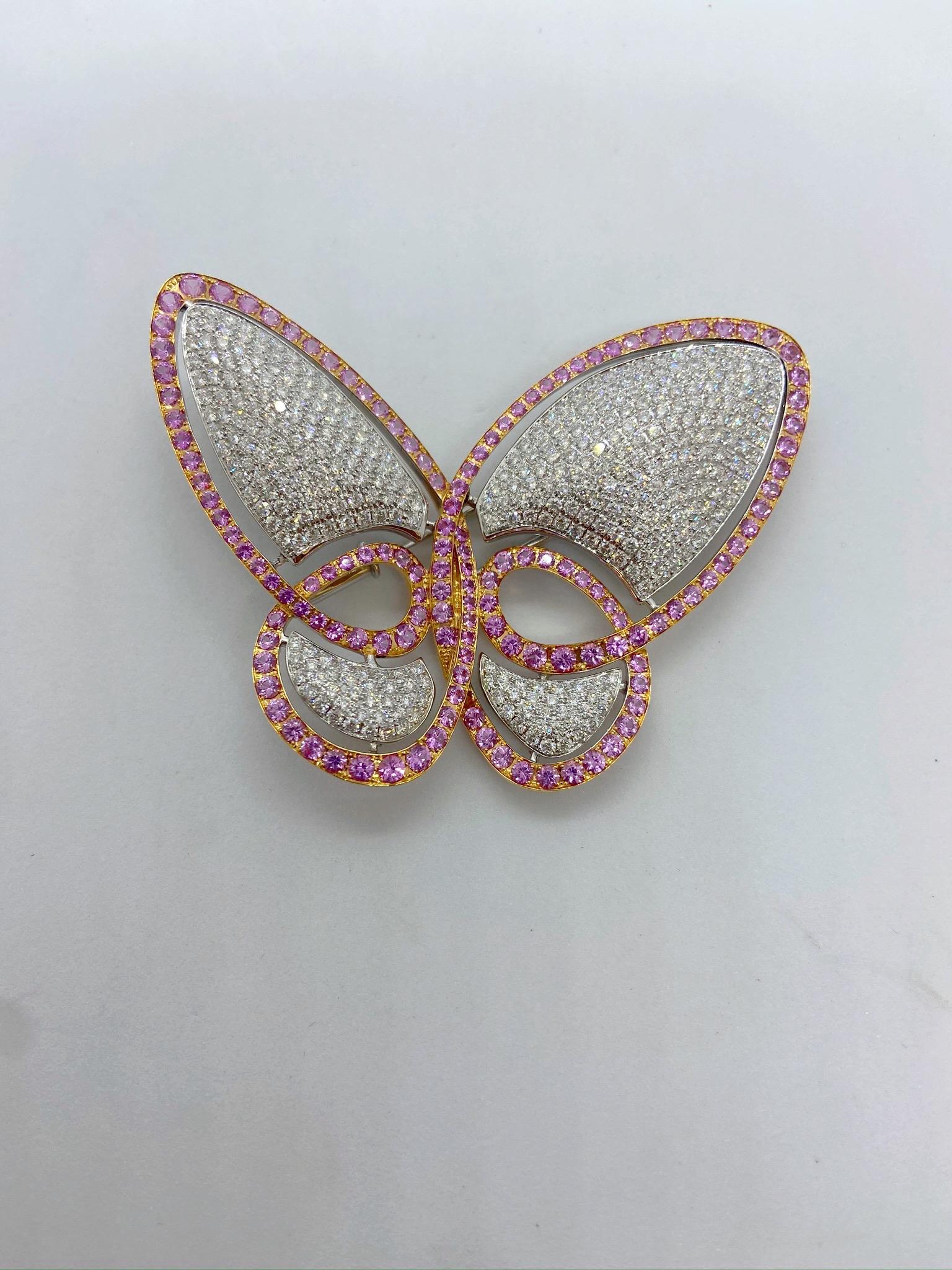 Women's or Men's 18 Karat WG, 4.20 Carat Diamond and 4.80 Carat Pink Sapphire Butterfly Brooch For Sale