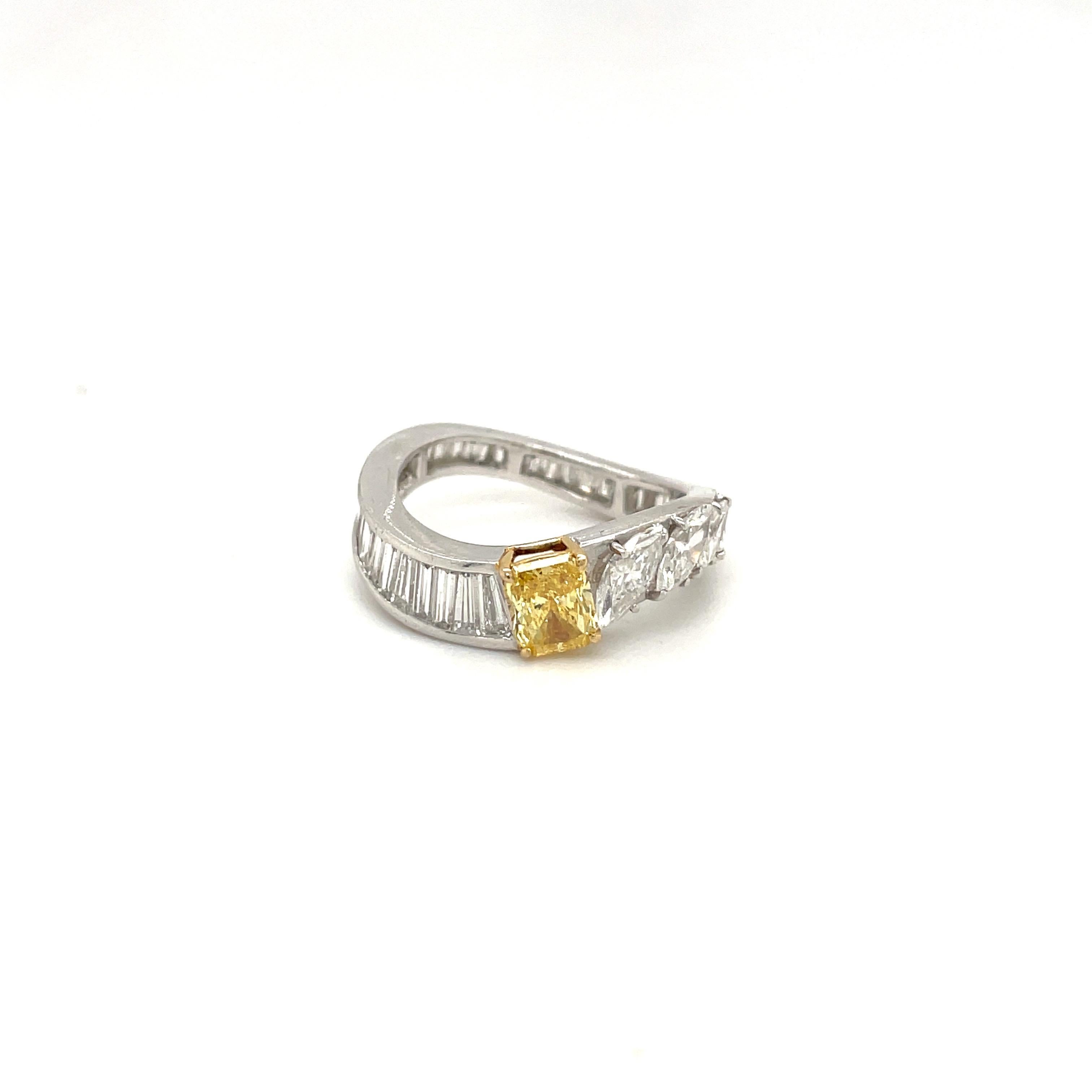 Radiant Cut 18kt WG, GIA  .52 Ct. Fancy Intense Orange Yellow Diamond Band Ring For Sale