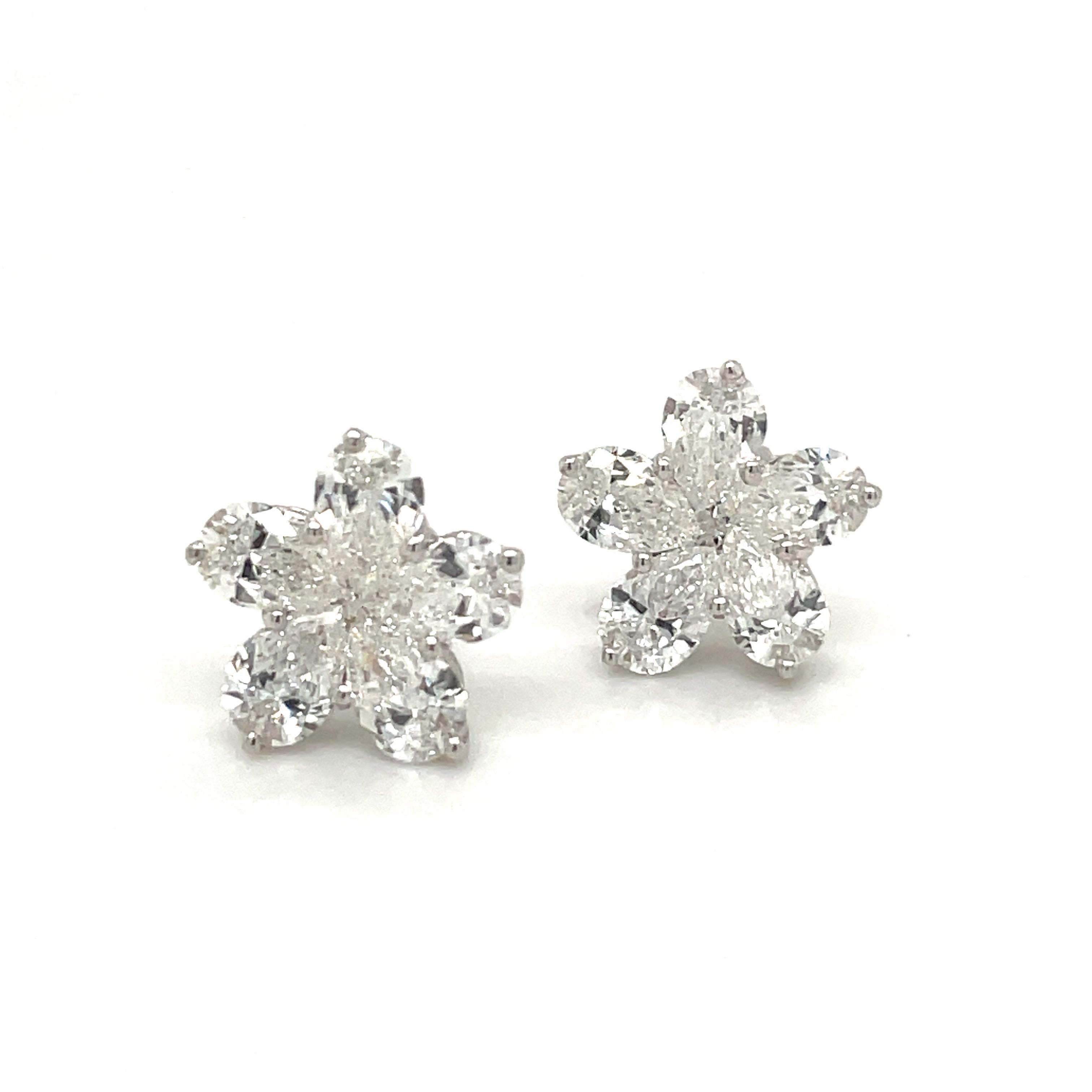18kt White Gold 2.42ct Pear Shaped Diamond Flower Stud Earrings In New Condition For Sale In New York, NY