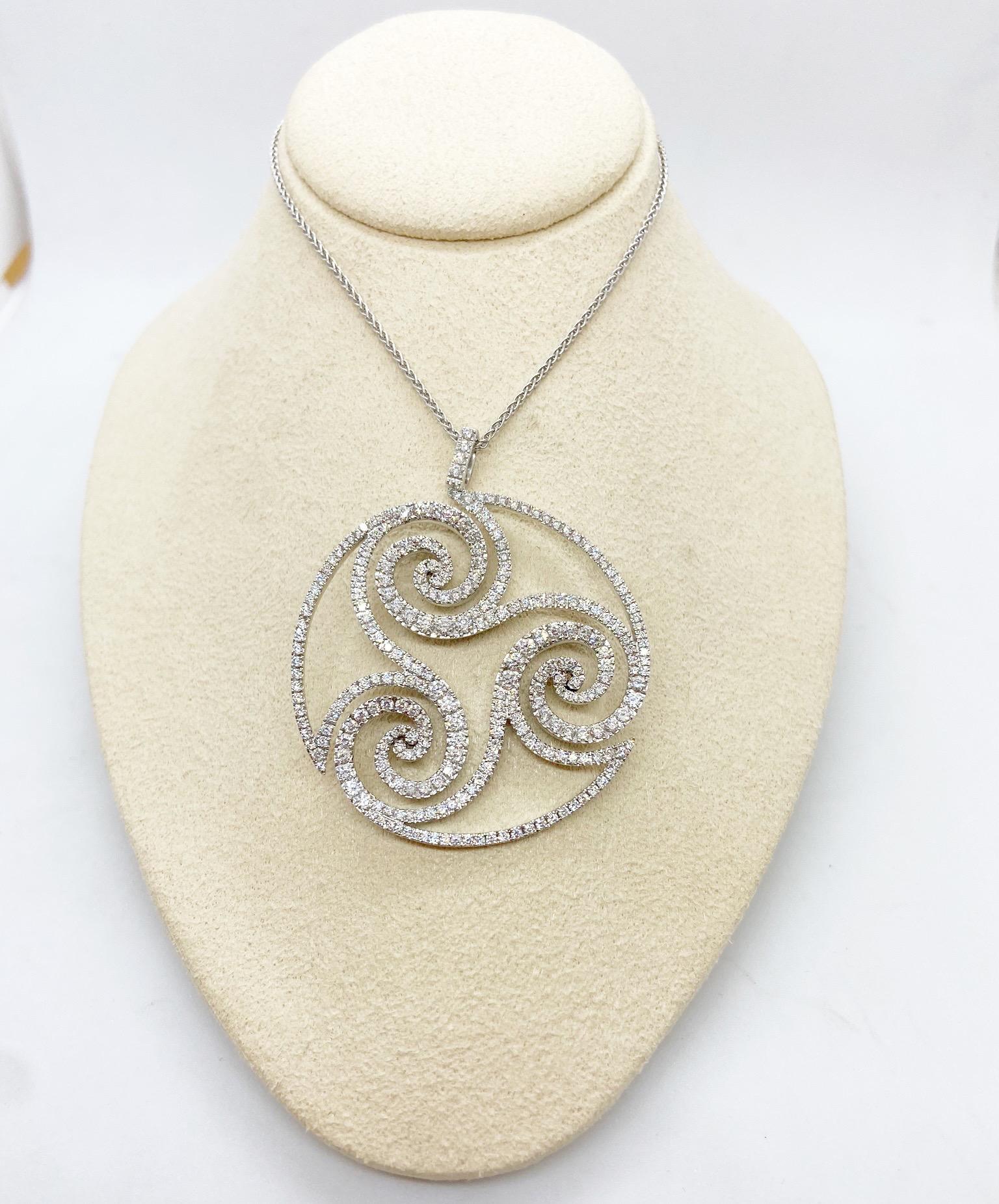 18 Karat White Gold and 2.75 Carat Diamond Swirly Round Pendant In New Condition In New York, NY