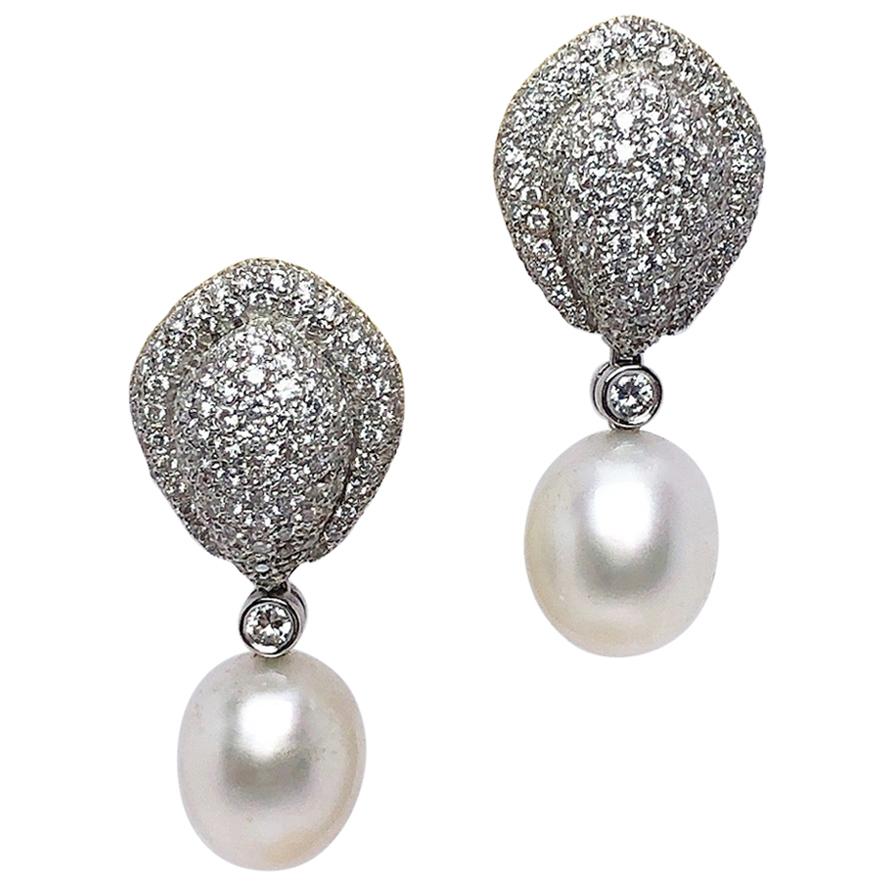 Cellini Jewelers 18KT White Gold, 3.91CT. Diamond & South Sea Pearl Drop Earring