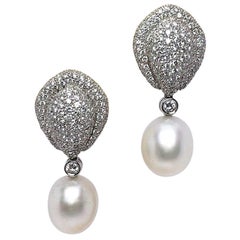 Cellini Jewelers 18KT White Gold, 3.91CT. Diamond & South Sea Pearl Drop Earring