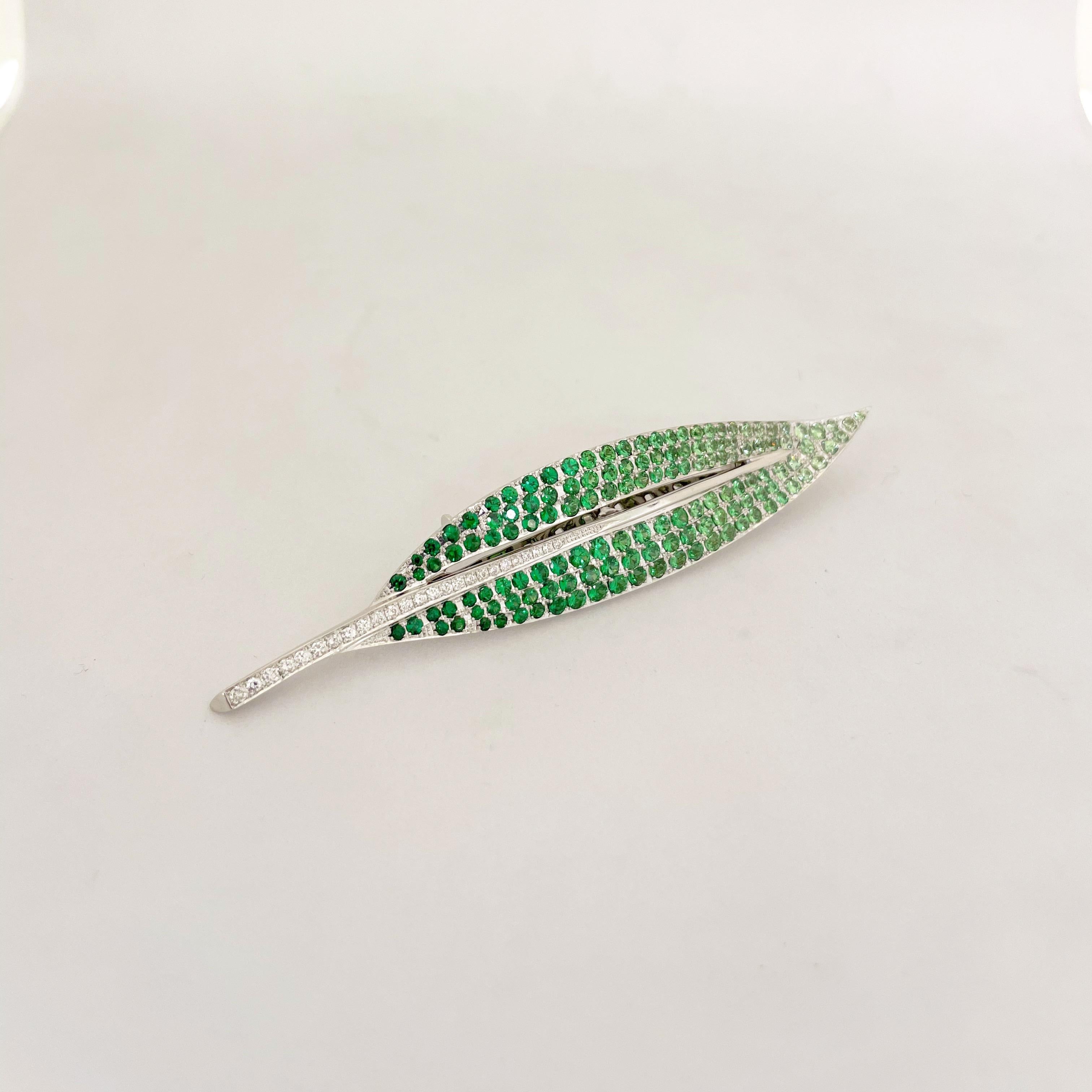 Modern 18 Karat Gold 8.00 Carat Tsavorite and .25 Carat Diamond Leaf Brooch For Sale