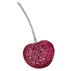 Cellini Jewelers 18 Karat White Gold, 8.85 Carat Ruby and Diamond Cherry Brooch