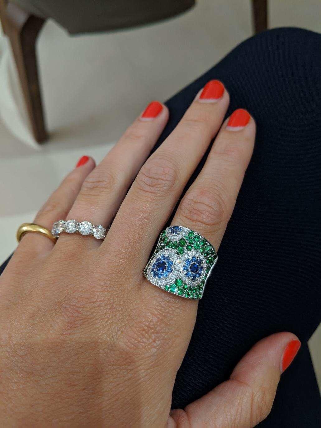 Modern 18 Karat White Gold, Diamond, Blue Sapphire, and Tsavorite Ring For Sale