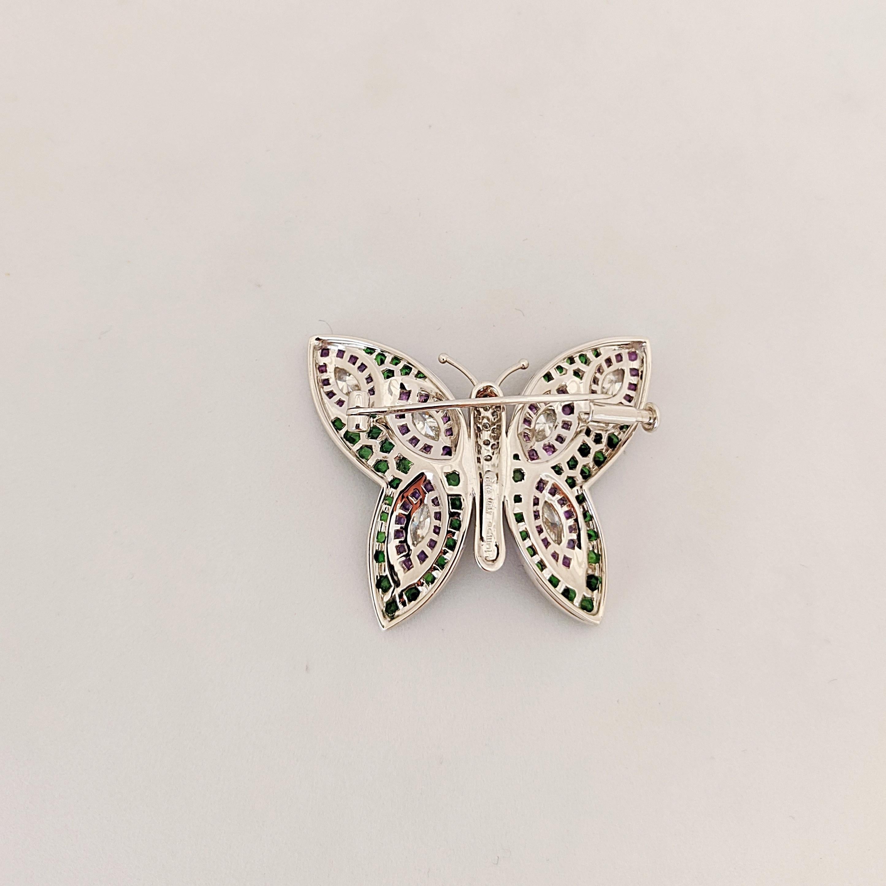 Marquise Cut 18 Karat White Gold Multi-Gem and Diamonds Butterfly Brooch
