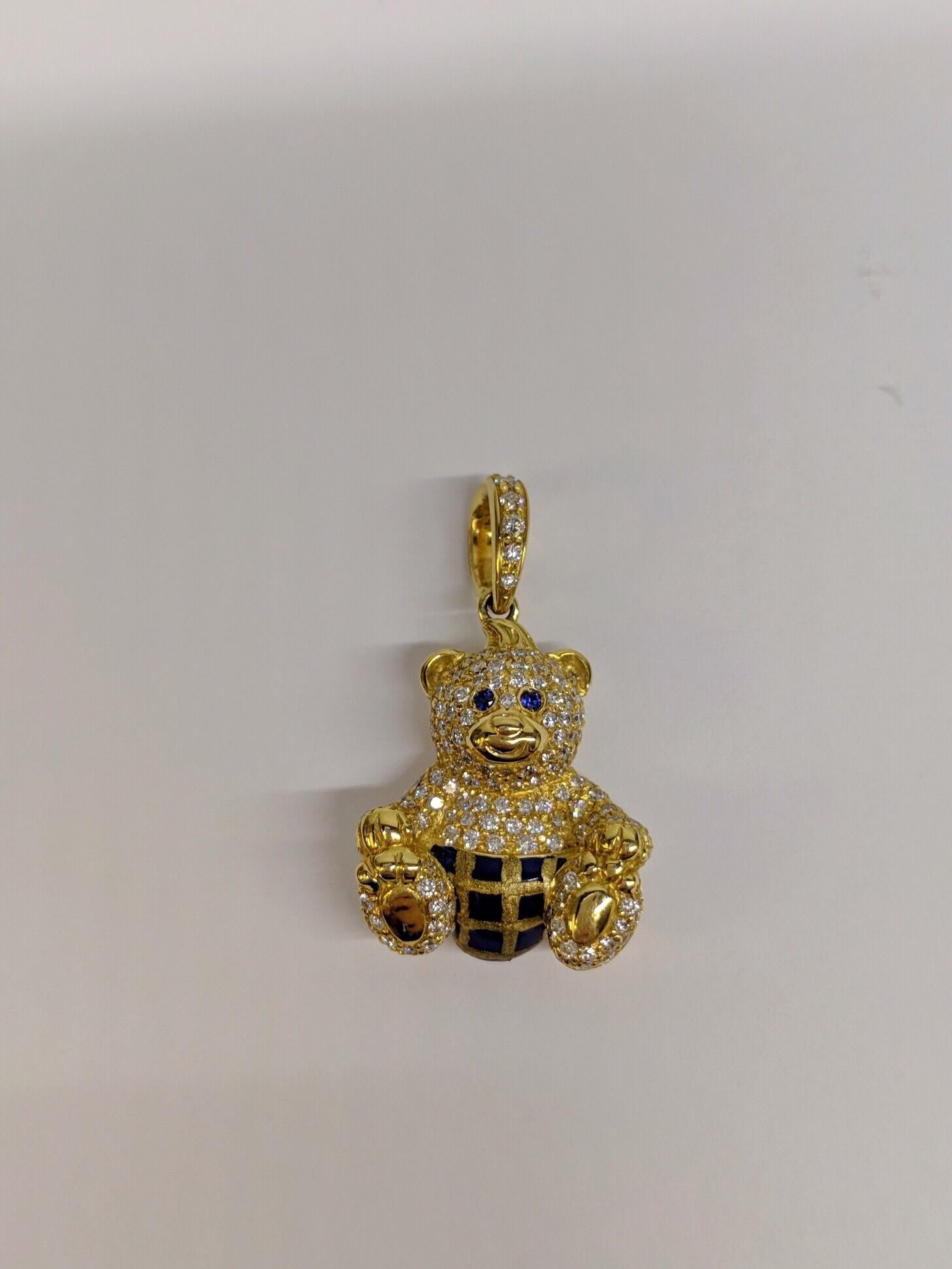 18 Karat Gelbgold, 1,07 Karat Diamant und Emaille Teddybär-Anhänger (Moderne) im Angebot