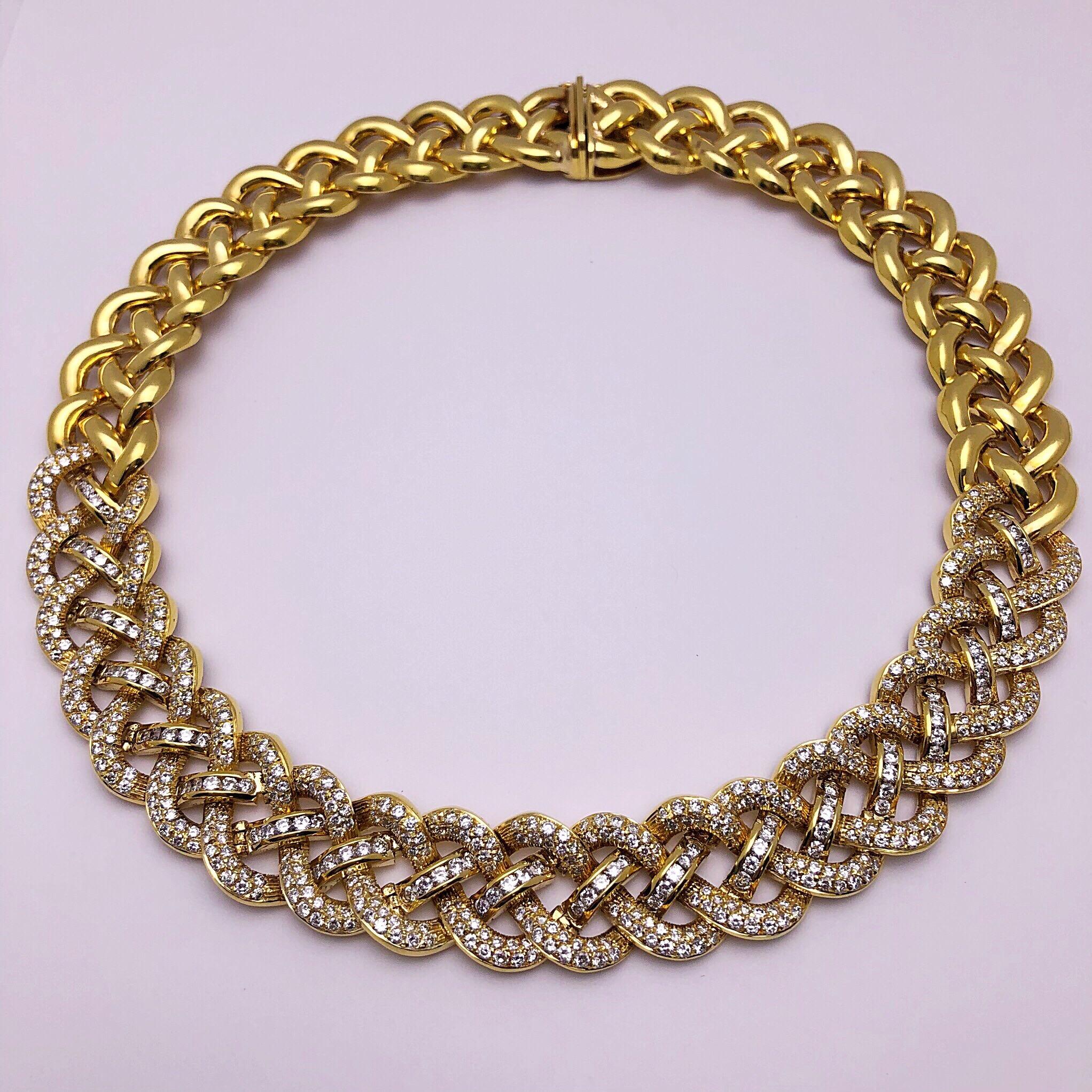 A classic 18KT yellow gold braided necklace set with 15.03 carats of round brilliant diamonds. The braided links of the necklace alternate with pave set diamonds and channel set diamonds bringing more sparkle to the neck. This collar necklace