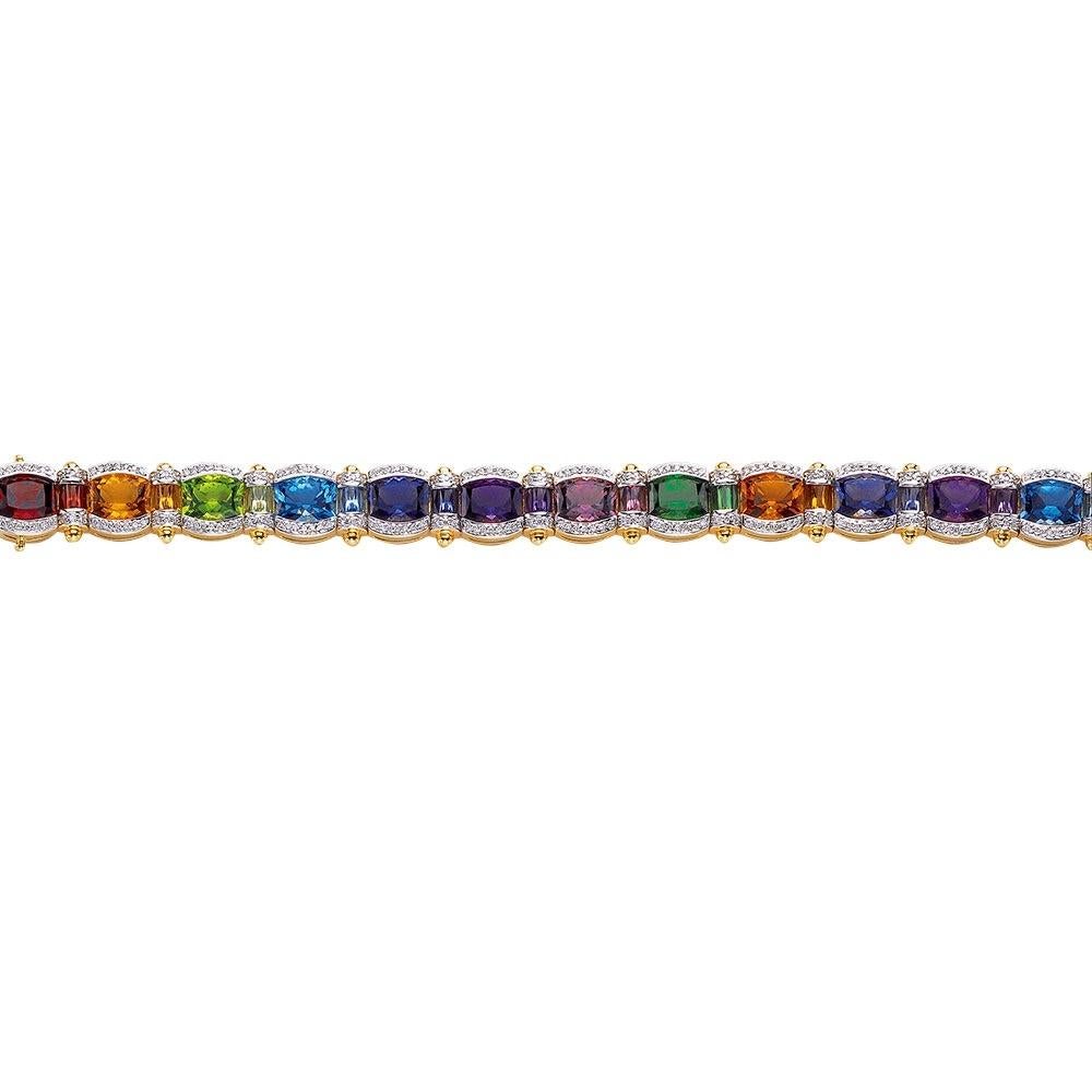 Celilni Jewelers NYC, 18 karat yellow gold bracelet is set with 13 semi-precious cushion shaped stones. They are uniform in size and are set horizontally. Each stone section is joined by a baguette stone of the same type. The bracelet is trimmed