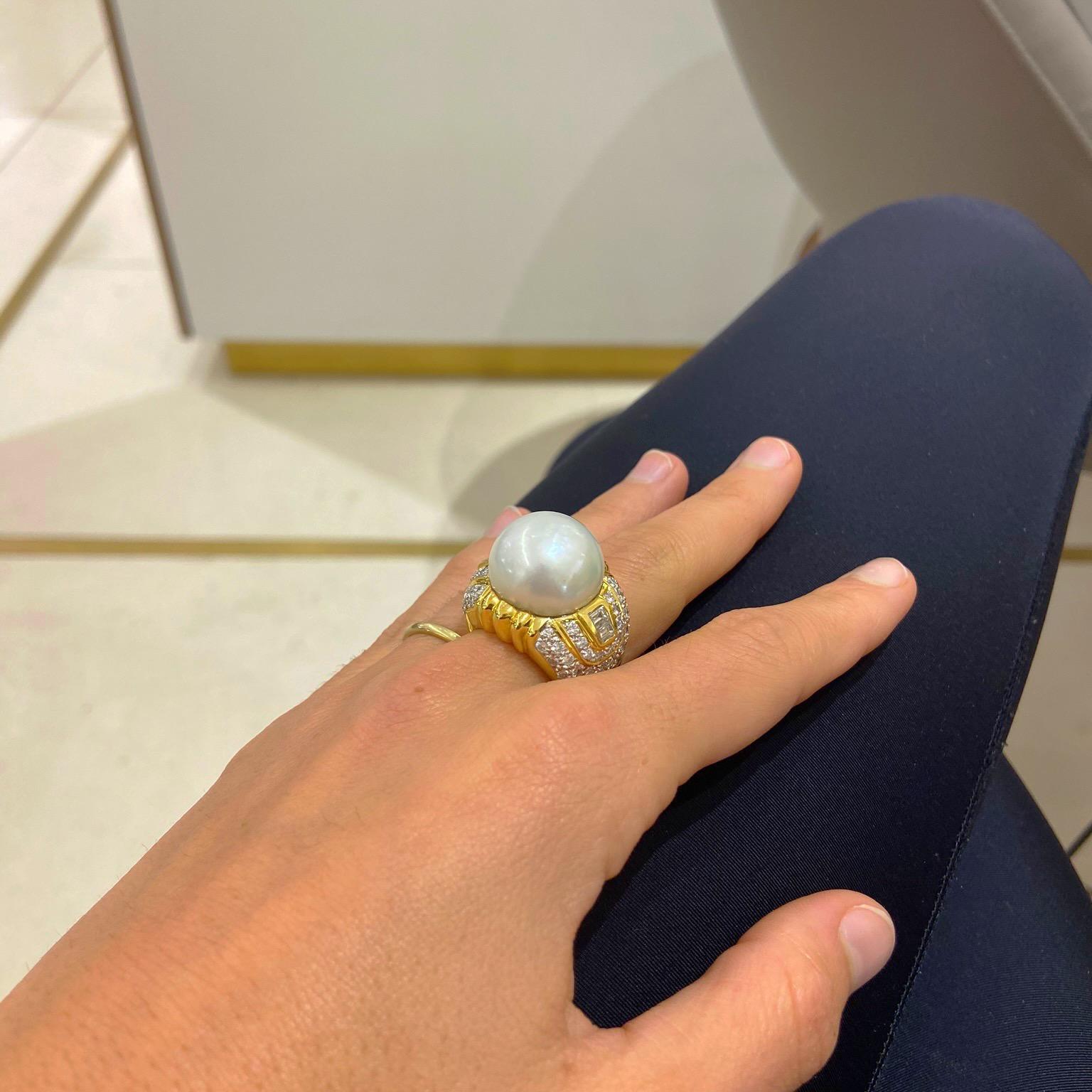 18 Karat Yellow Gold, 4.96 Carat Diamond and South Sea Pearl Ring For Sale 1