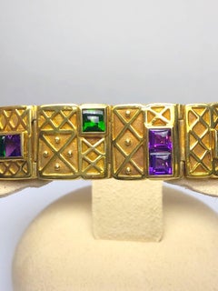 18 Karat Yellow Gold, Amethyst, and Chrome Tourmaline Link Bracelet