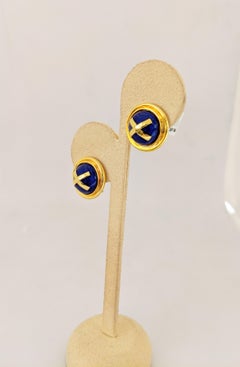 Cellini Jewelers 18 Karat Gold Earrings with Blue Enamel and Yellow Gold "X"