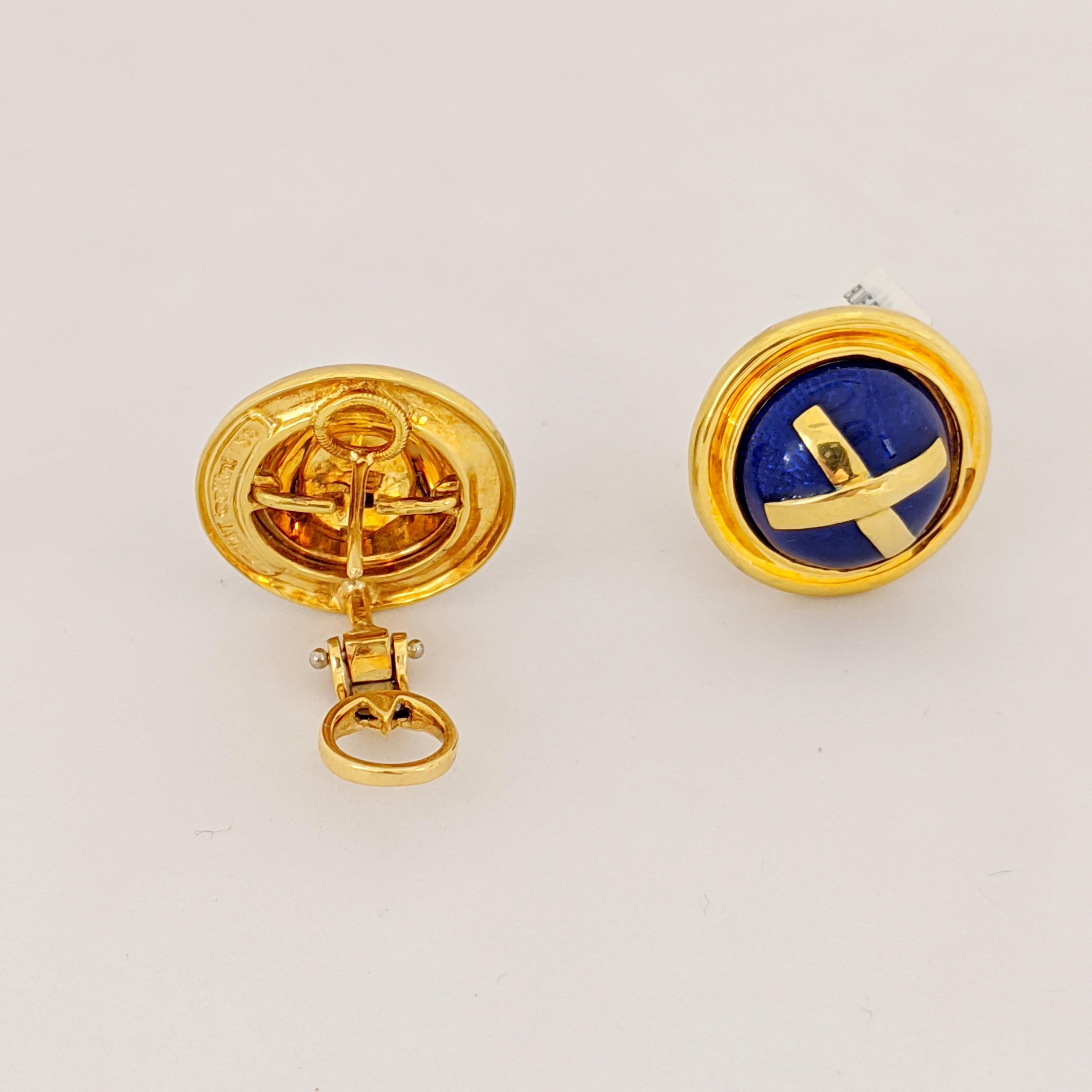 Contemporary Cellini Jewelers 18 Karat Gold Earrings with Blue Enamel and Yellow Gold 