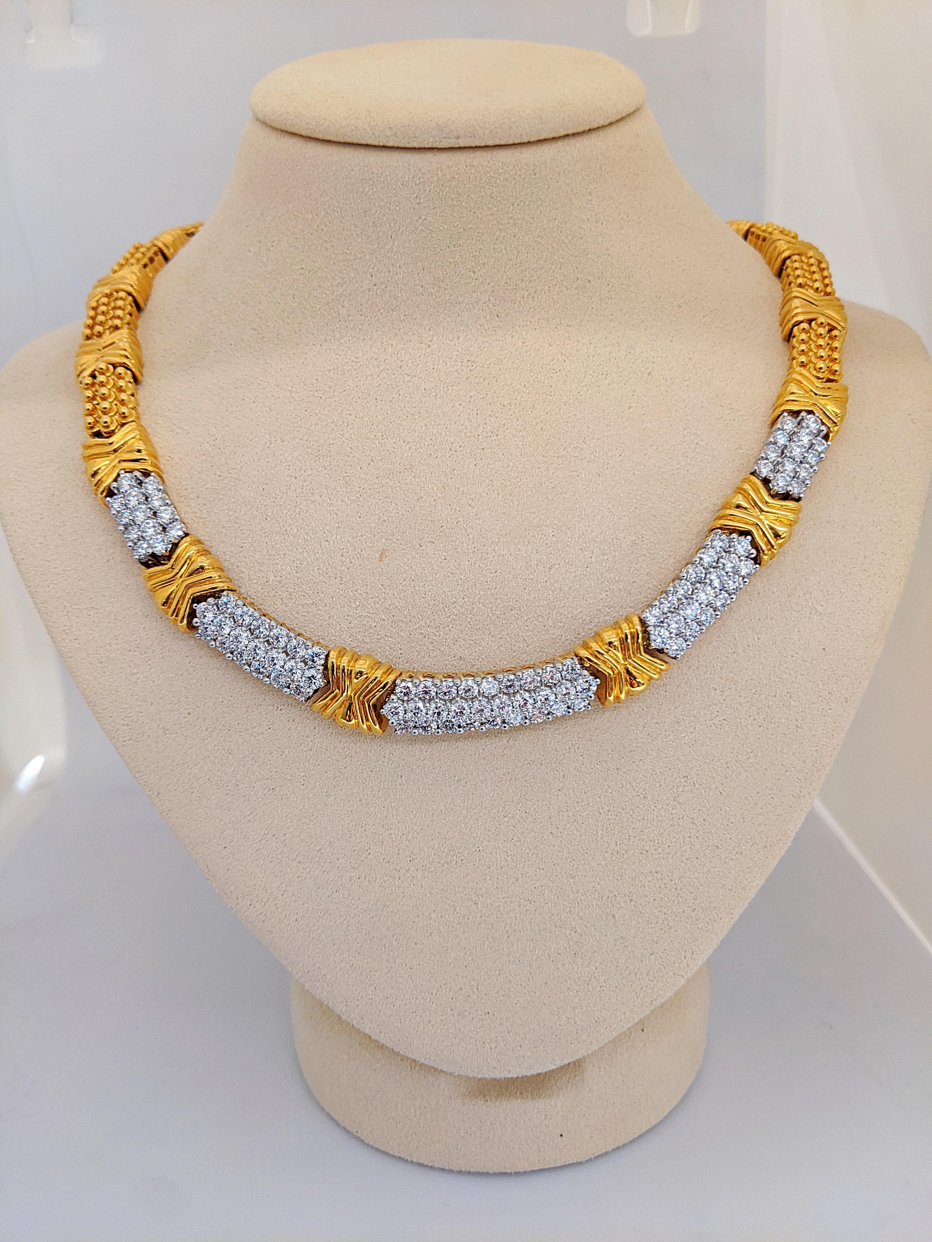 Round Cut 18 Karat Yellow Gold and Platinum 8.28 Carat Diamond Necklace For Sale