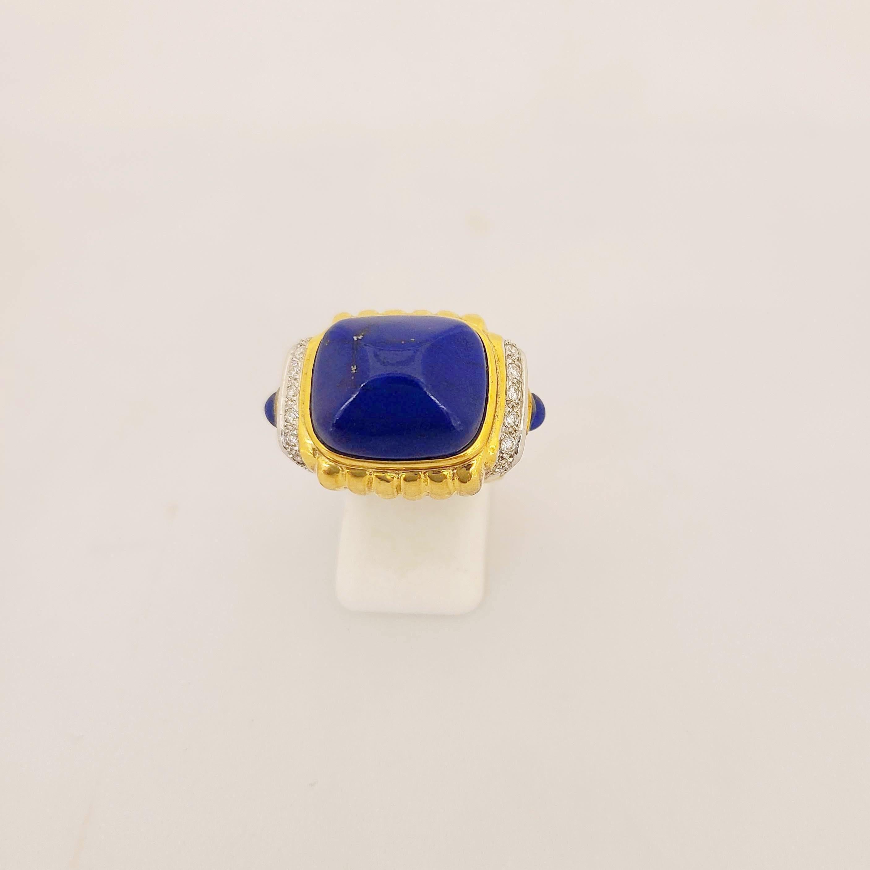 Rétro Bague en or jaune 18 carats avec lapis-lazuli et diamants en vente