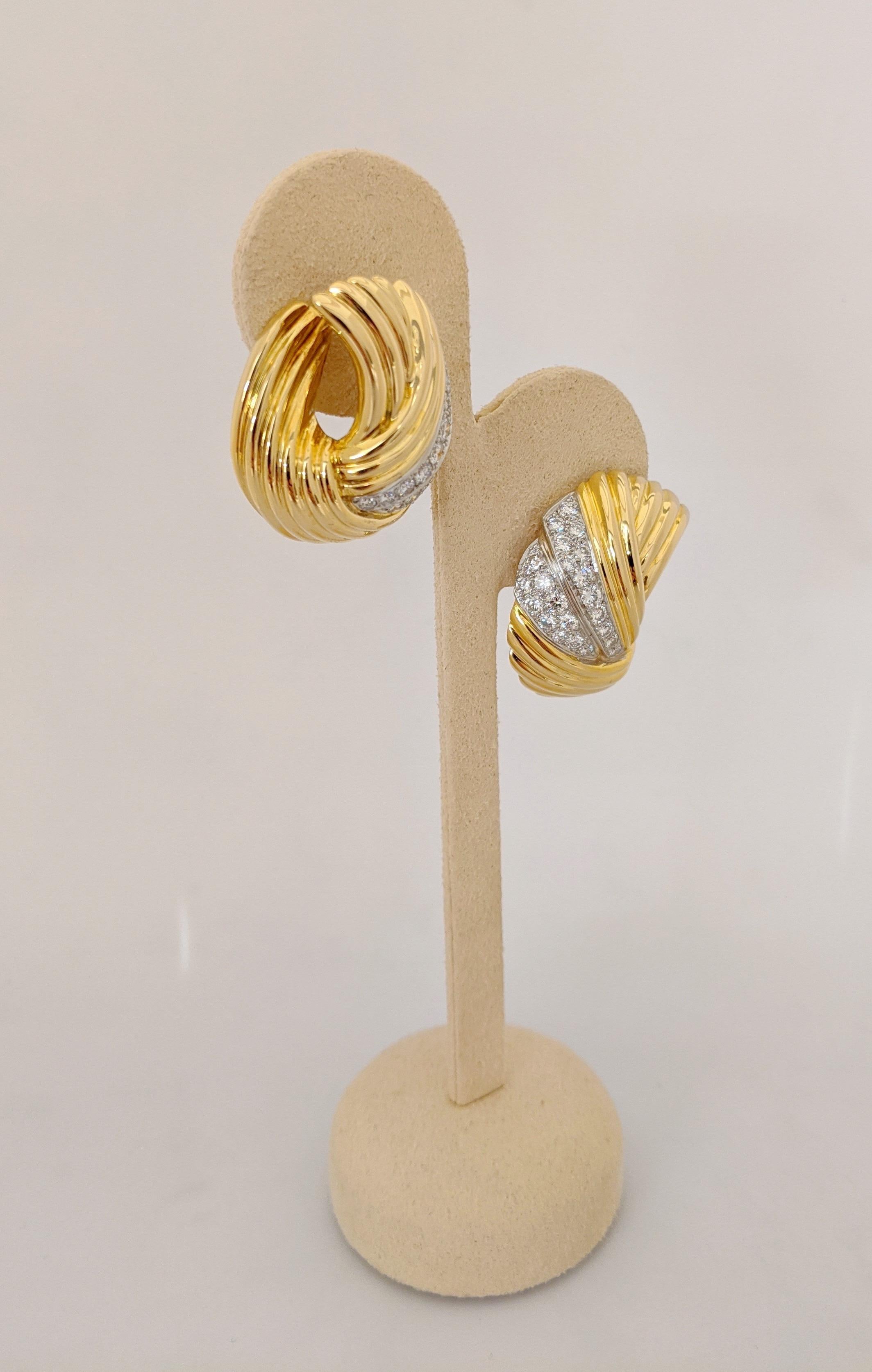 Round Cut Cellini Jewelers 18 KT Y/W Gold, 2.24 CT Vintage Collectible Dia.Swirl Earrings For Sale