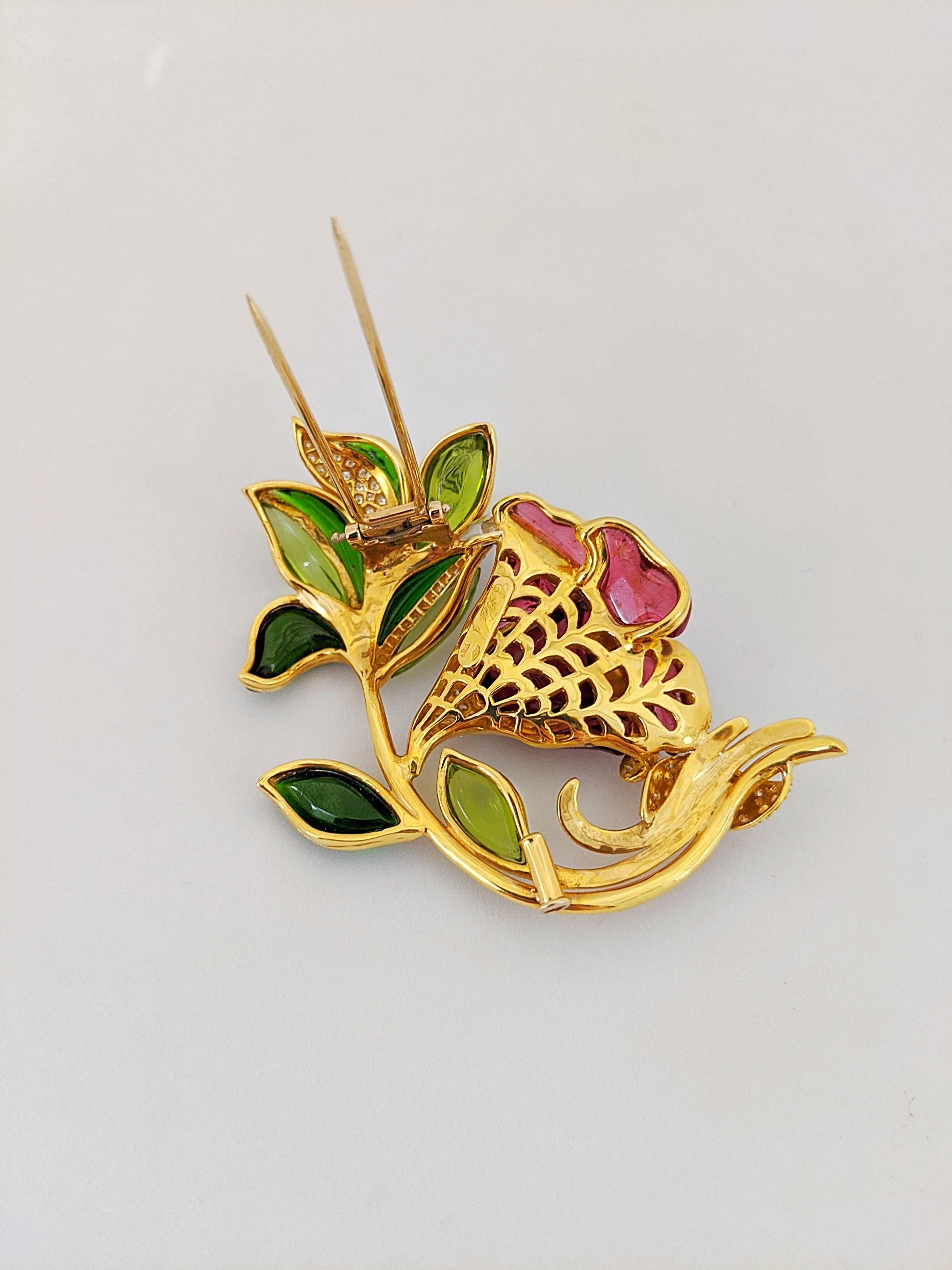 Contemporary 18 Karat Yellow Gold Lily Brooch, Carved Rubelite, Tourmaline and Diamonds