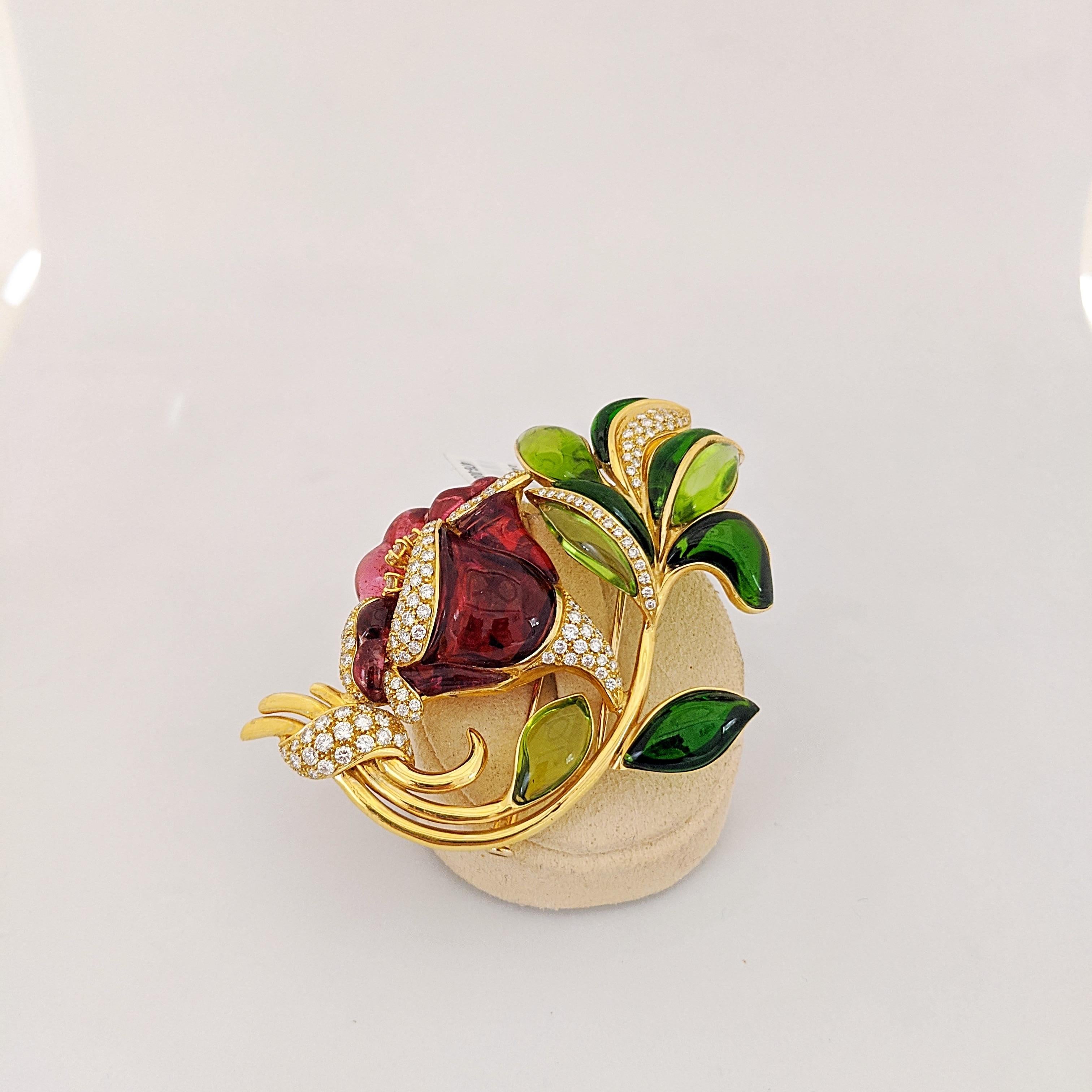 18 Karat Yellow Gold Lily Brooch, Carved Rubelite, Tourmaline and Diamonds In New Condition In New York, NY