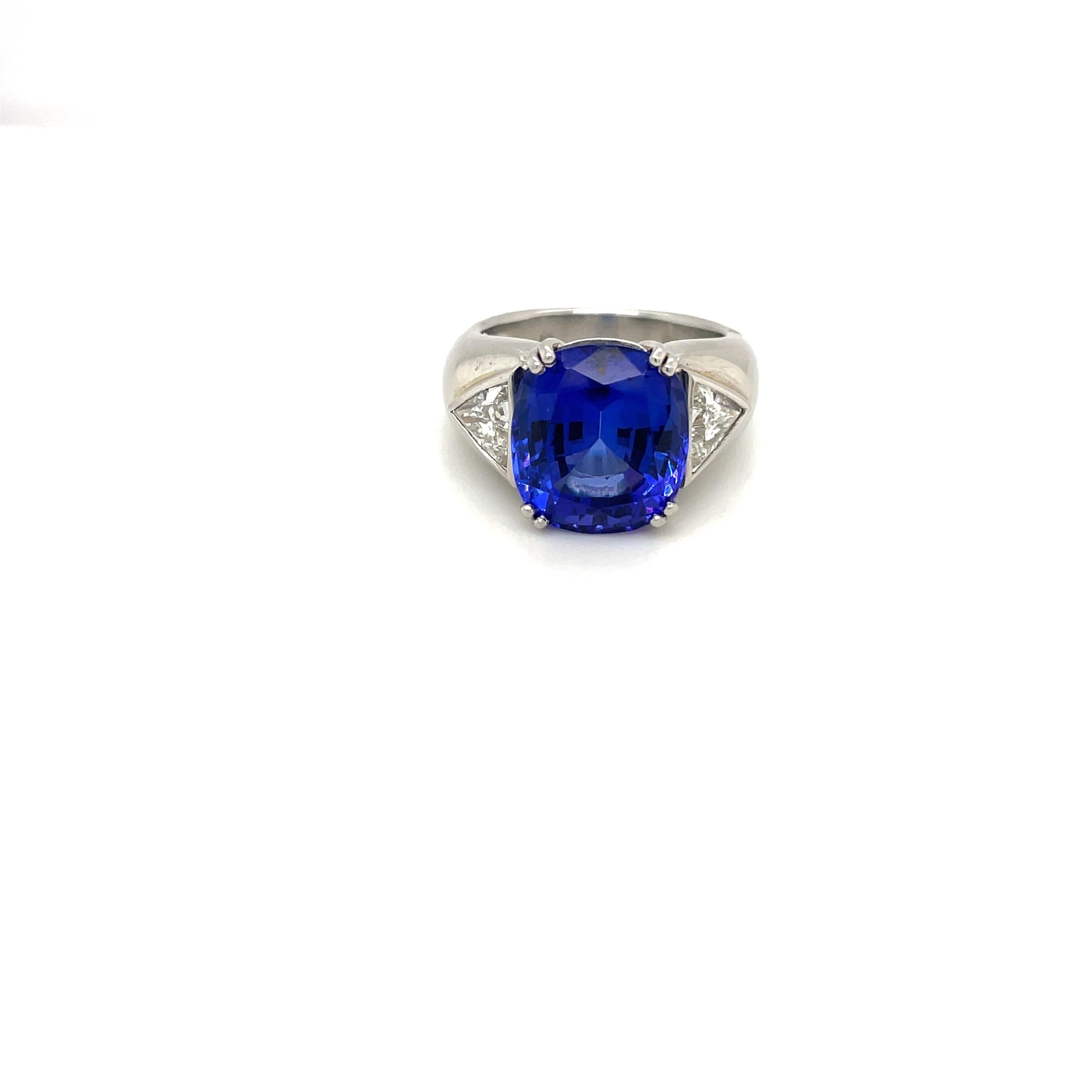 Cushion Cut Cellini Jewelers 9.51C.T Tanzanite Ring with Diamond Side Stone Set in Platinum For Sale