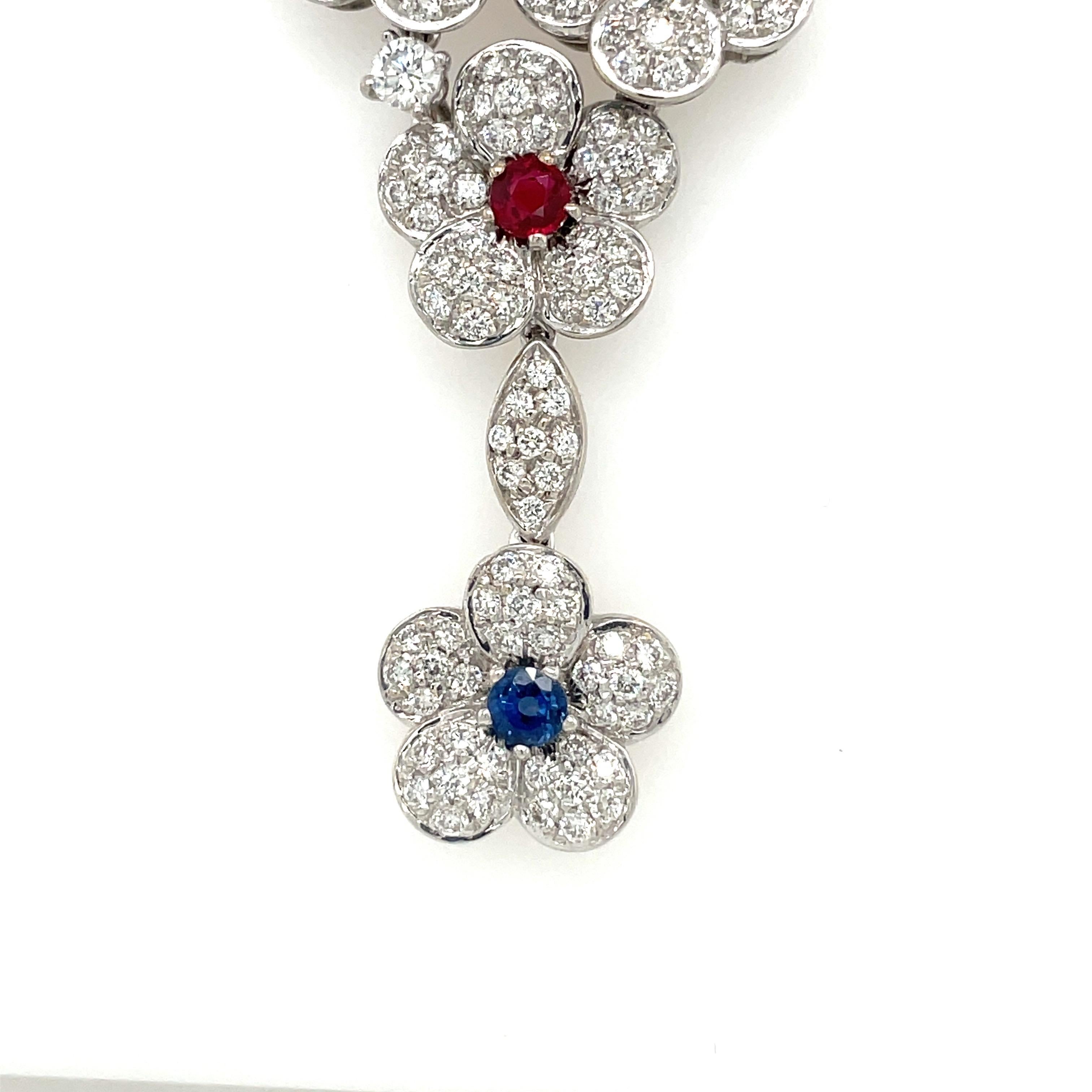 Round Cut Diamond Flower Necklace with Rubies, Emeralds, and Sapphires