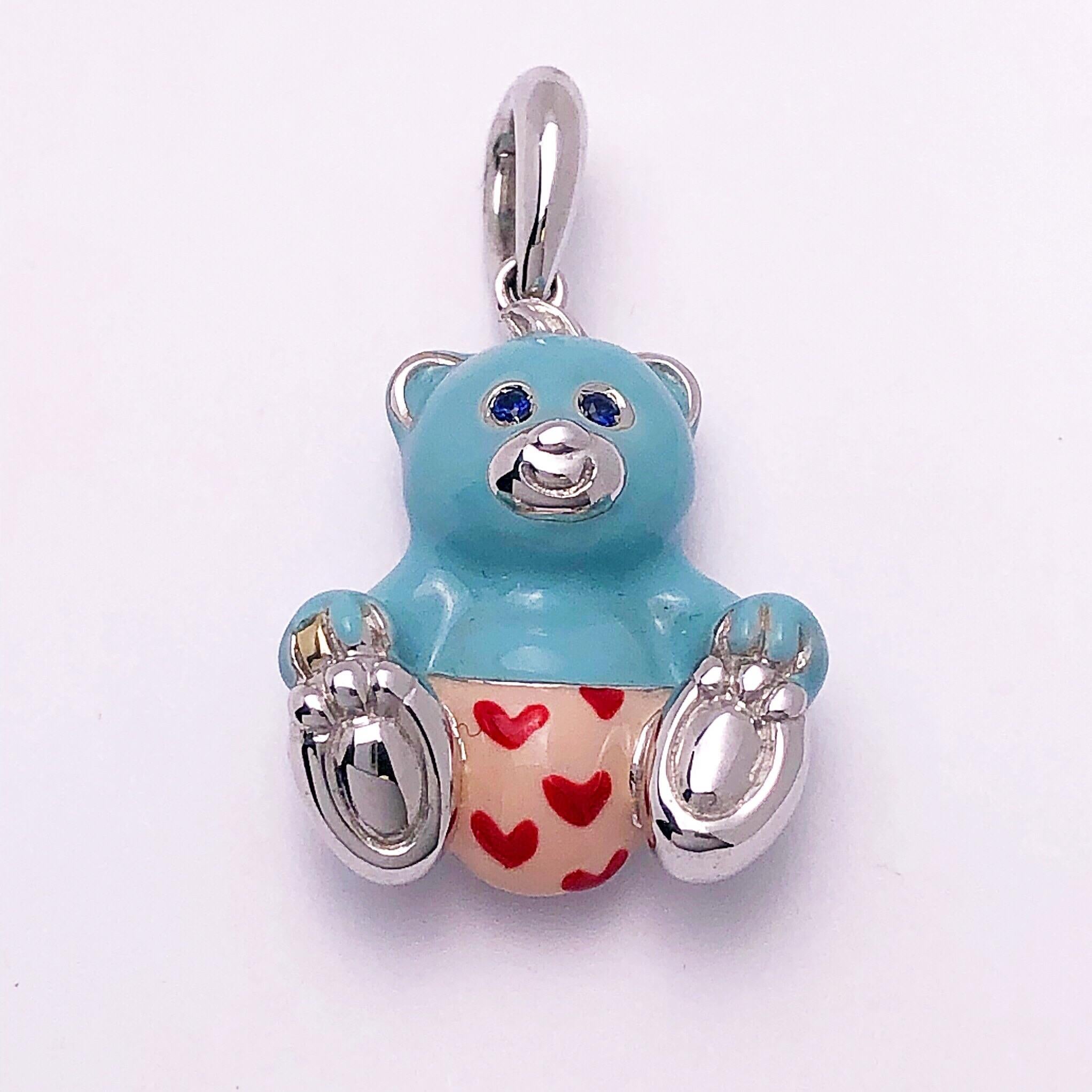 Round Cut Exclusive 18 Karat White Gold and Enamel Teddy Bear Charm