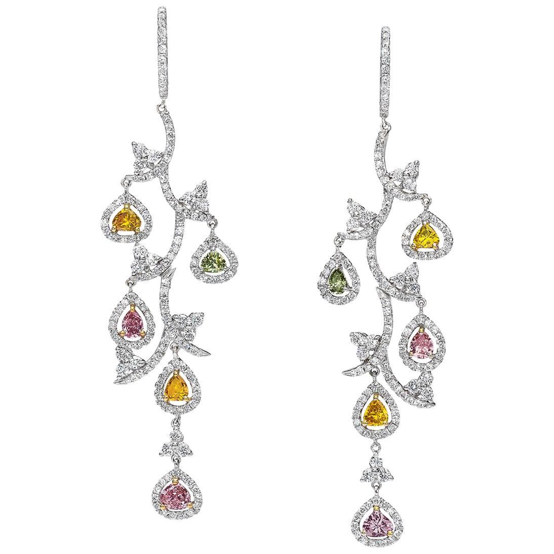 Cellini Jewelers Fancy Color, Pink Yellow and White Diamond Leaf Drop Earrings For Sale