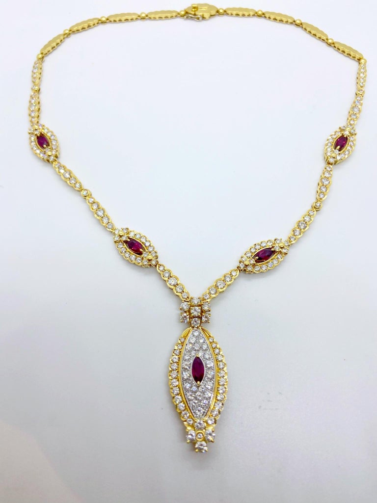 Retro NYC 18 Karat Yellow Gold 11.84 Carat Diamond and 3.15 Carat, Ruby Necklace For Sale