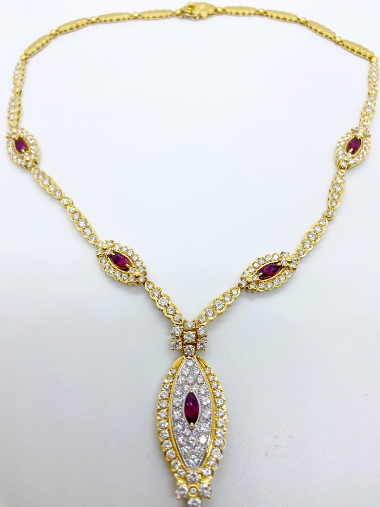 Marquise Cut NYC 18 Karat Yellow Gold 11.84 Carat Diamond and 3.15 Carat, Ruby Necklace For Sale