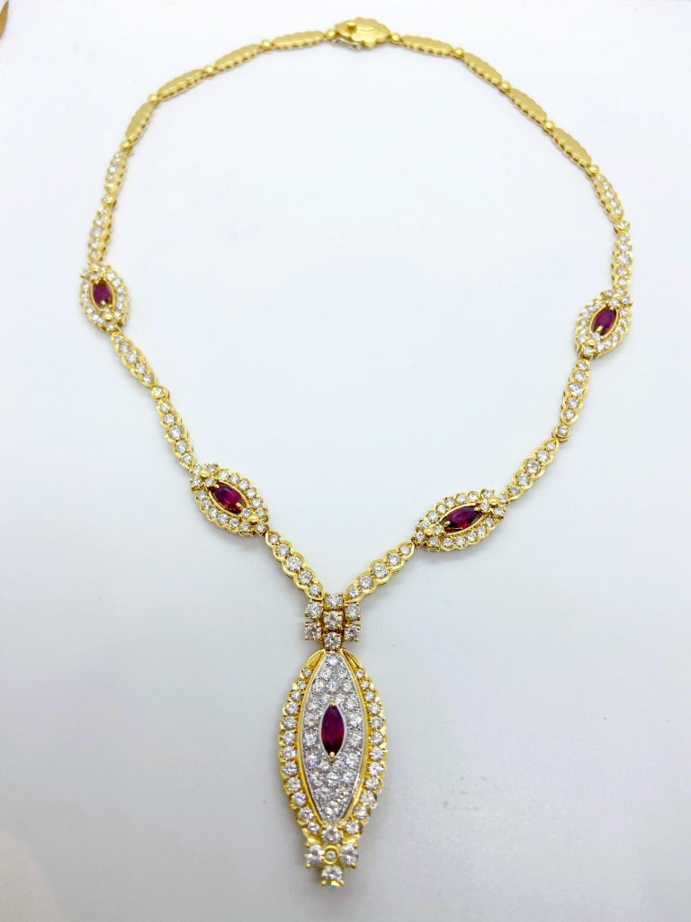 Women's or Men's NYC 18 Karat Yellow Gold 11.84 Carat Diamond and 3.15 Carat, Ruby Necklace For Sale