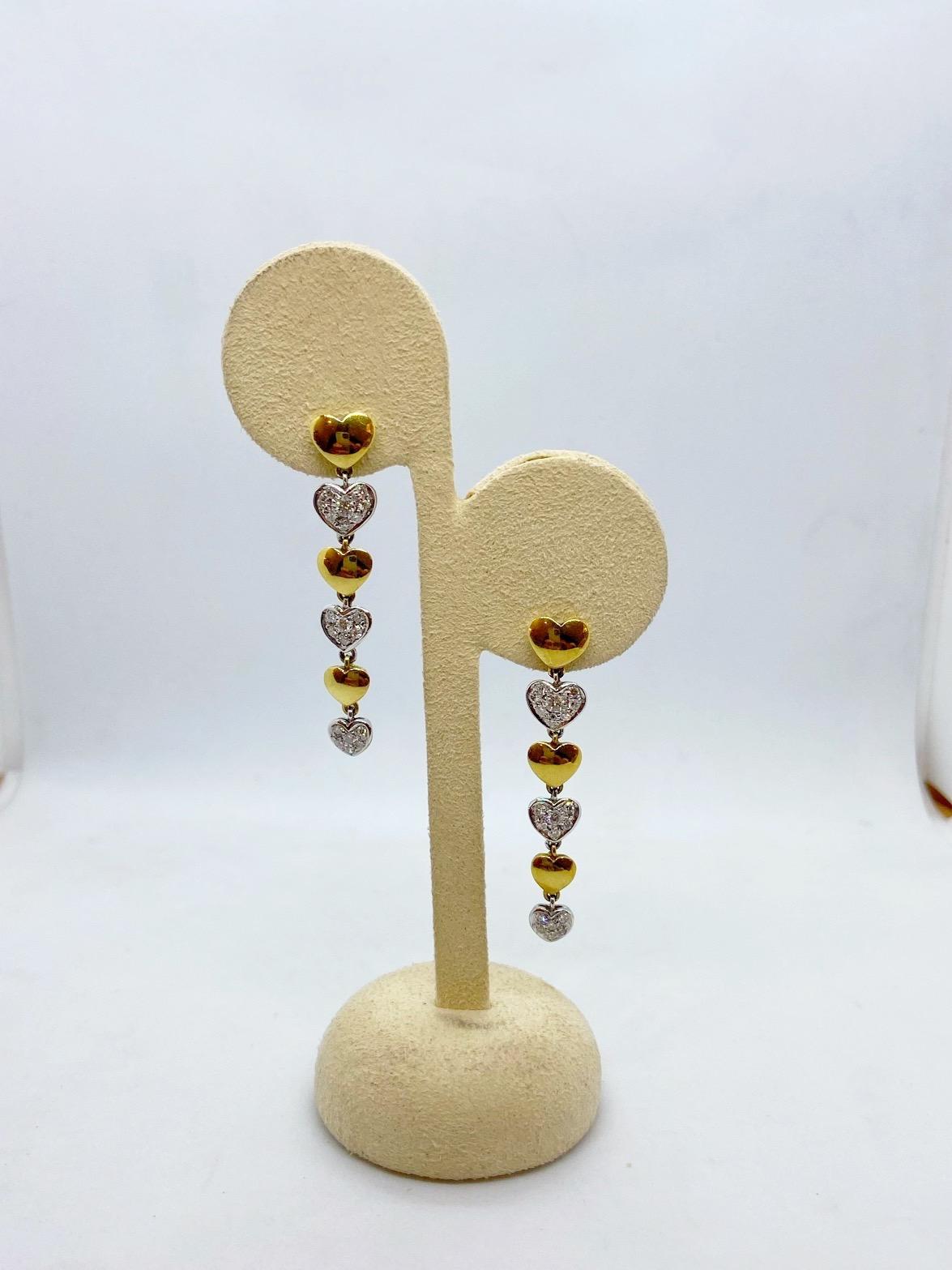 Contemporary NYC 18 Karat Yellow Gold and .54 Carat Diamond Hanging Hearts Earrings