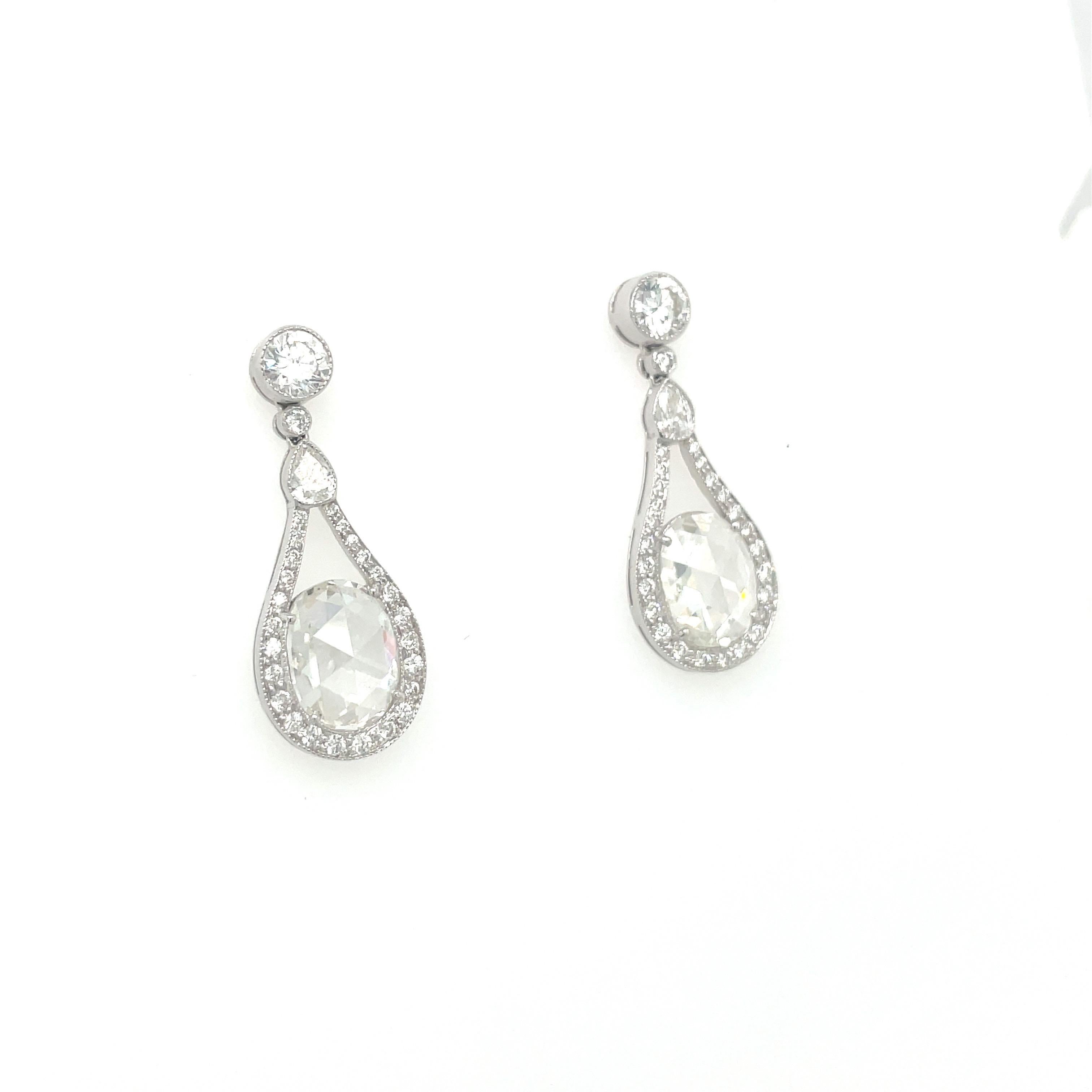 Contemporary Cellini Jewelers NYC Plat. 4.02Ct. Rose and Full Cut Diamond Drop Earrings For Sale