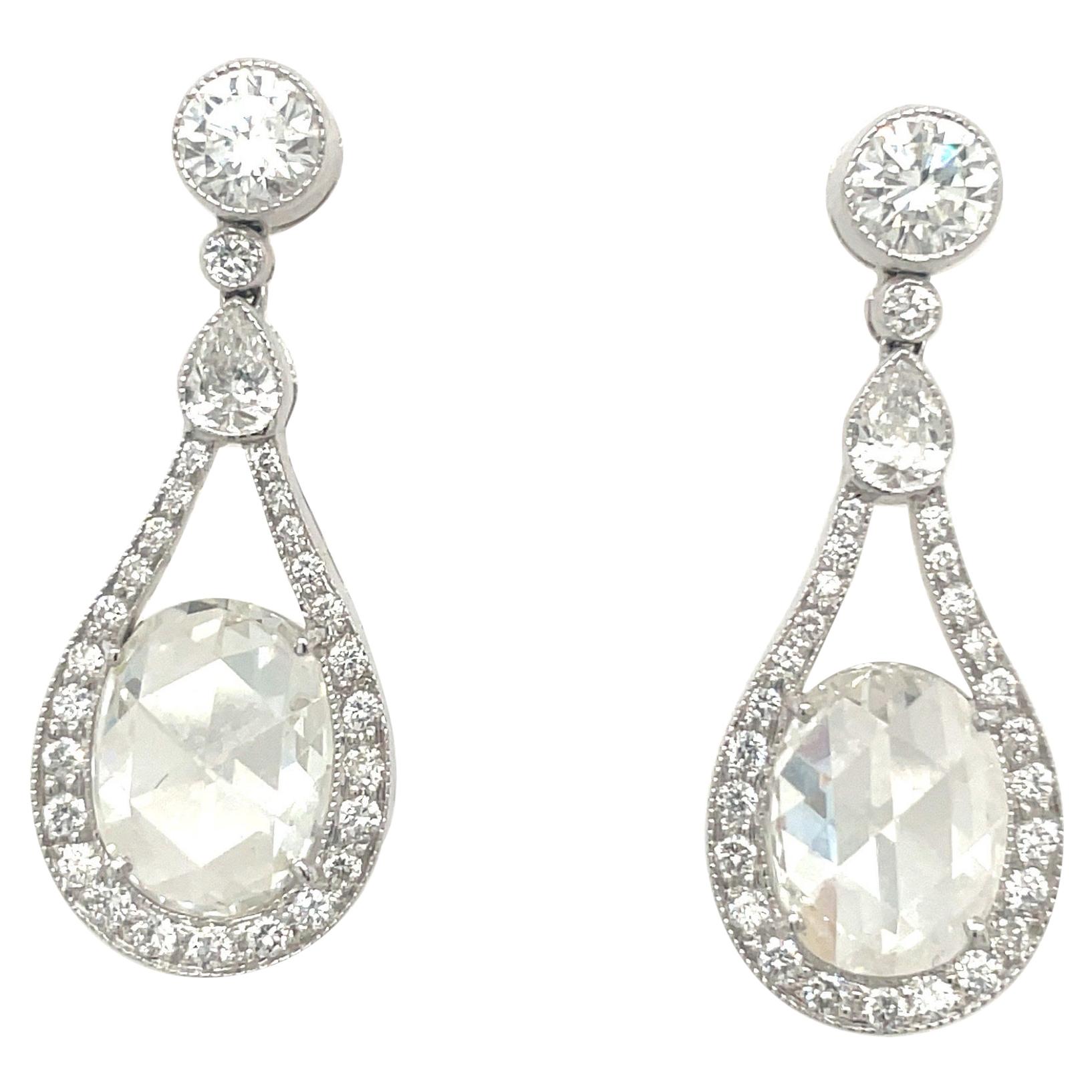Cellini Jewelers NYC Plat. 4.02Ct. Rose and Full Cut Diamond Drop Earrings For Sale