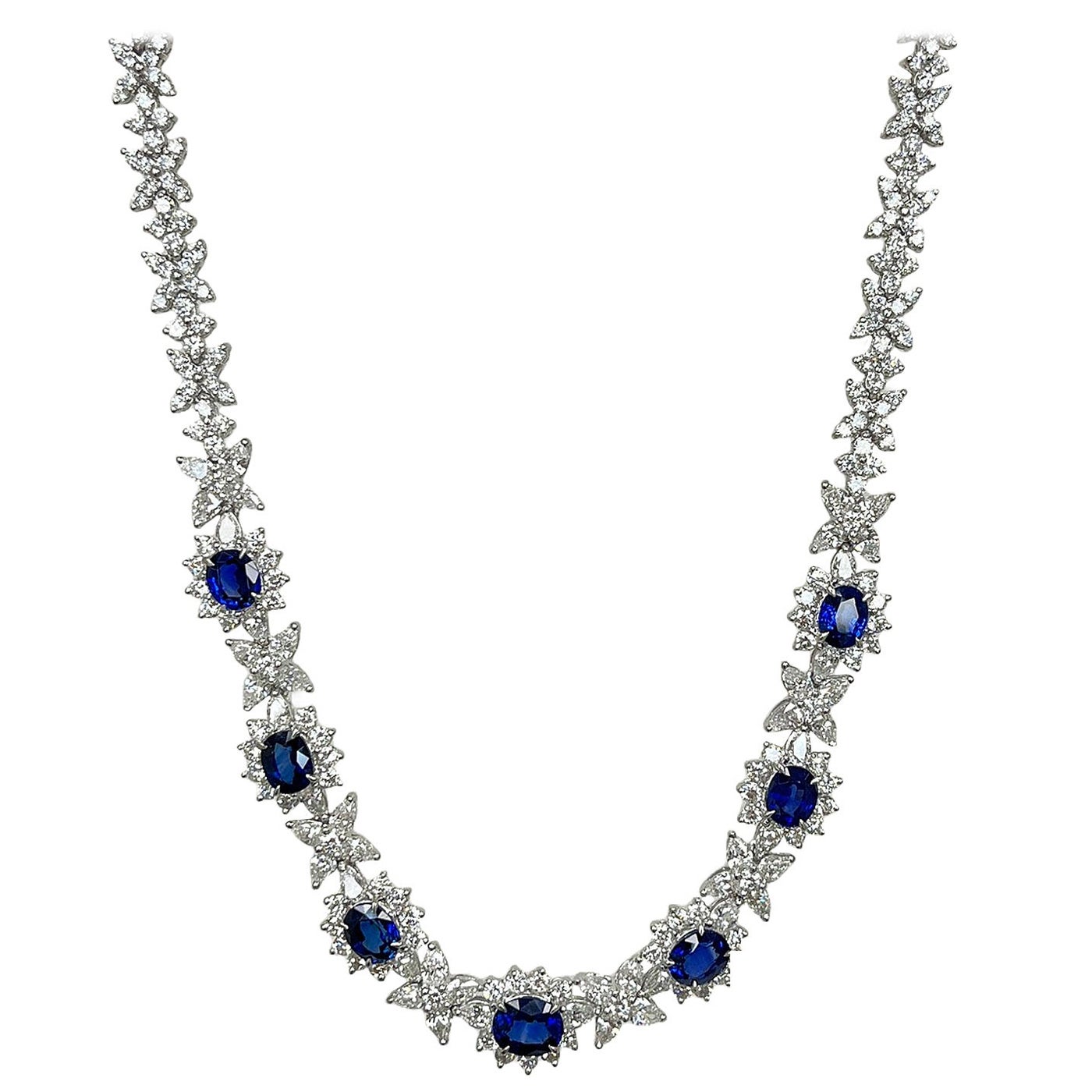 Cellini Jewelers Oval-Shaped Sapphire and Pear-Shaped Diamond Cluster Necklace