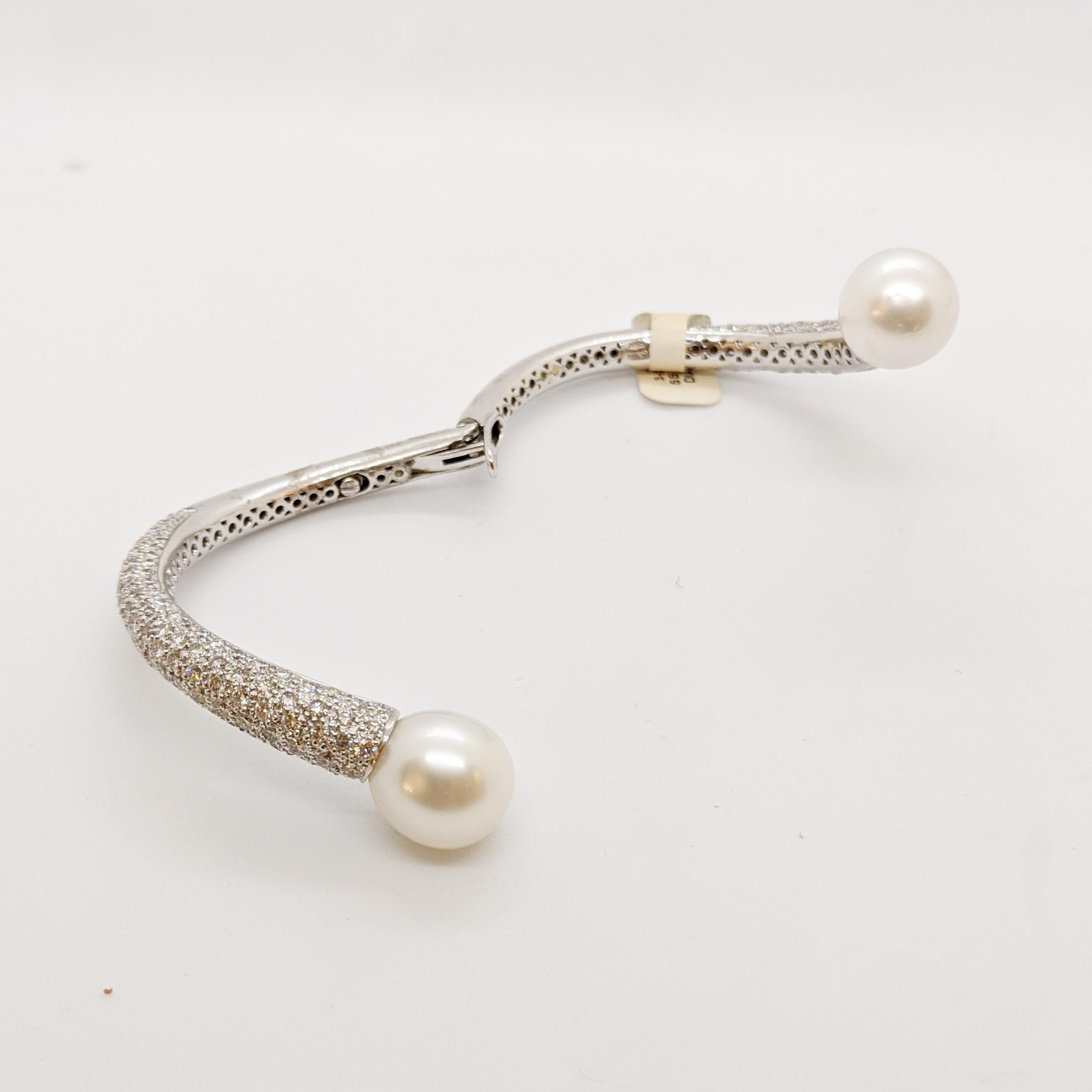Round Cut Cellini Jewelers Platinum, South Sea Pearl and 8.55 Carat Diamond Bracelet For Sale