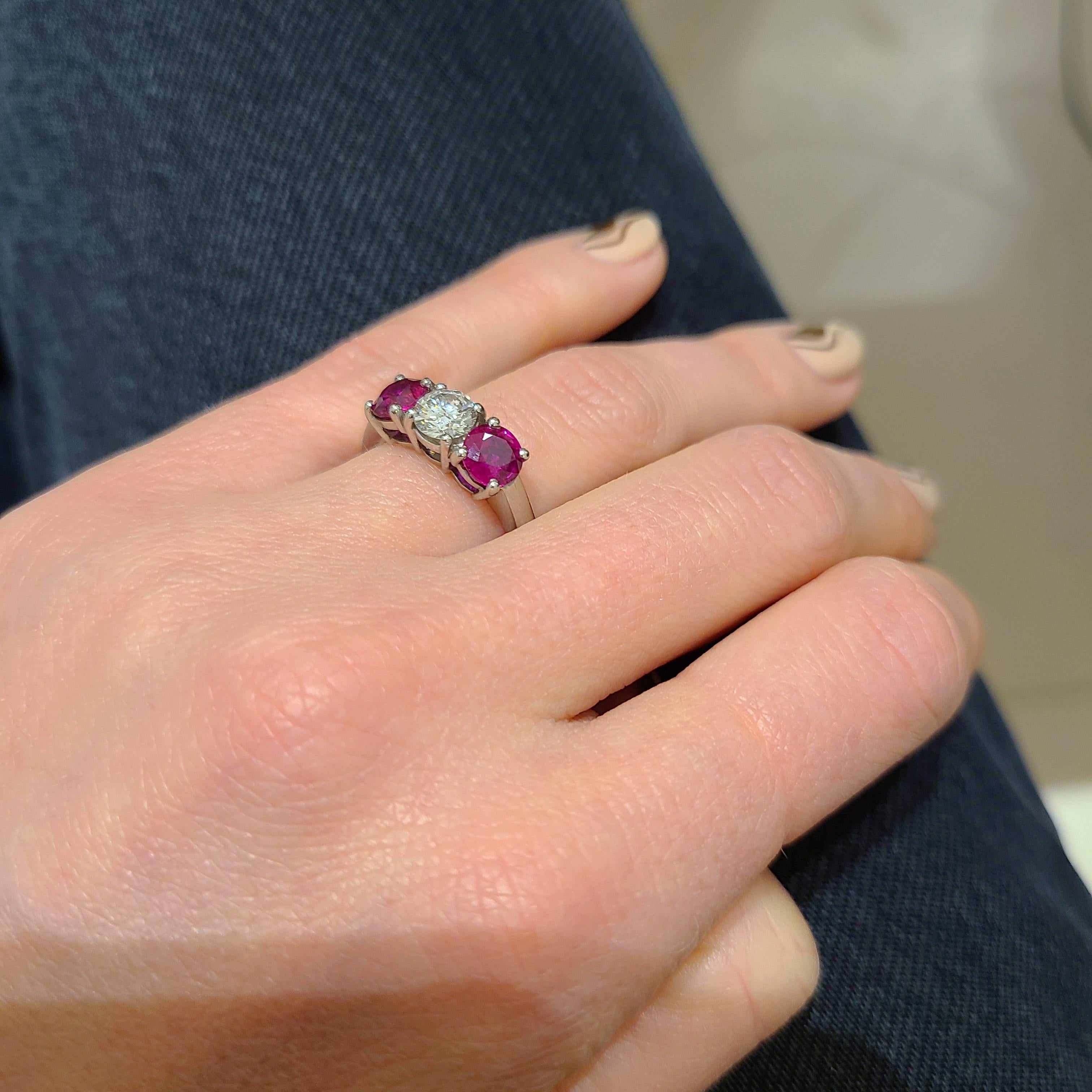 Platinum 3 Stone, 1.63 Carat Ruby and .61 Carat Diamond Ring In New Condition For Sale In New York, NY