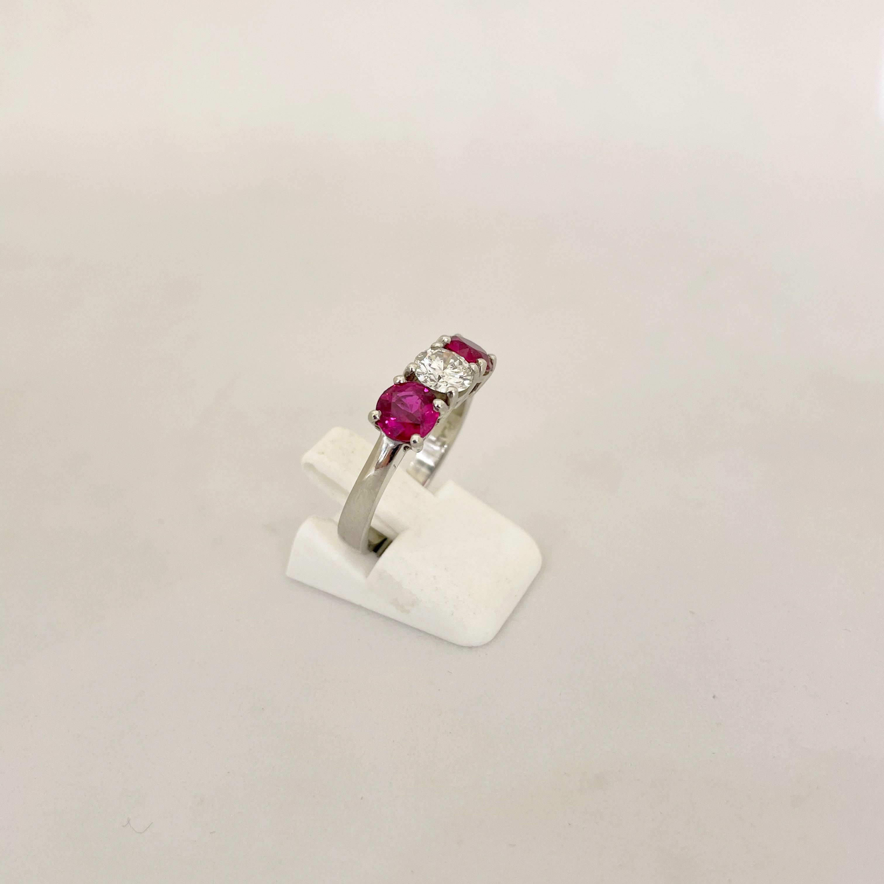 Platinum 3 Stone, 1.63 Carat Ruby and .61 Carat Diamond Ring For Sale 2