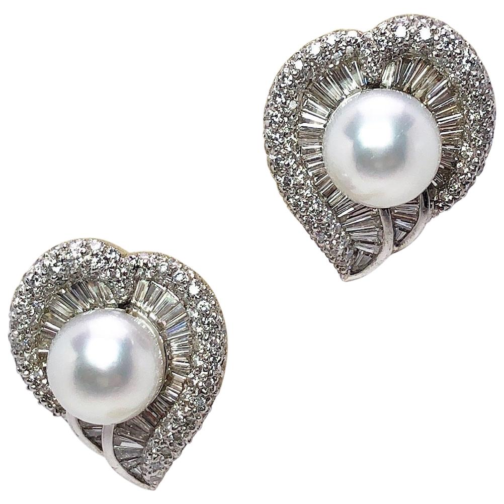 Cellini Jewelers Platinum Leaf Earrings 5.03 Carat Diamonds and South Sea Pearls