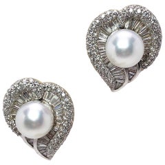 Vintage Cellini Jewelers Platinum Leaf Earrings 5.03 Carat Diamonds and South Sea Pearls