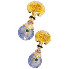 Cellini NYC 18 Karat Gold Drop Earrings with Citrine, Blue Topaz and Diamonds