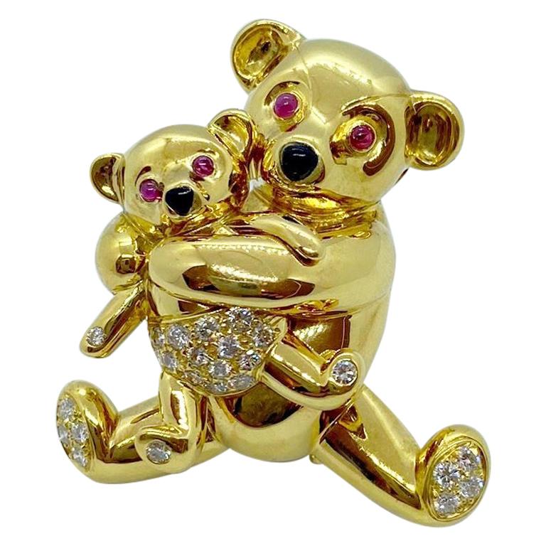 Cellini NYC 18 Karat Gold Mama and Baby Teddy Bear Brooch with Diamonds and Ruby