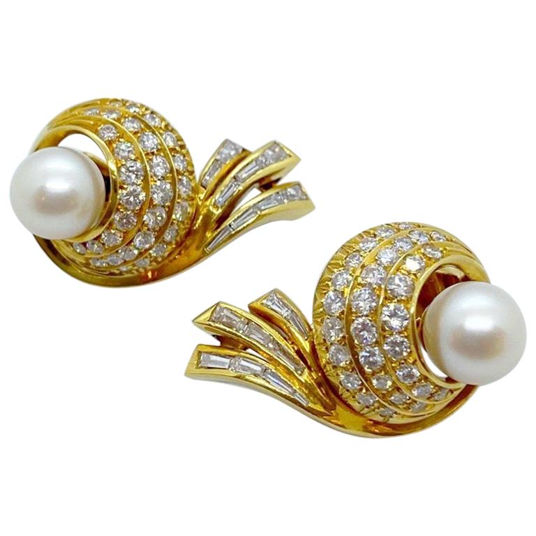 Cellini NYC 18 Karat Gold, Swirl Earrings with 4.06 Carat Diamonds and Pearls For Sale