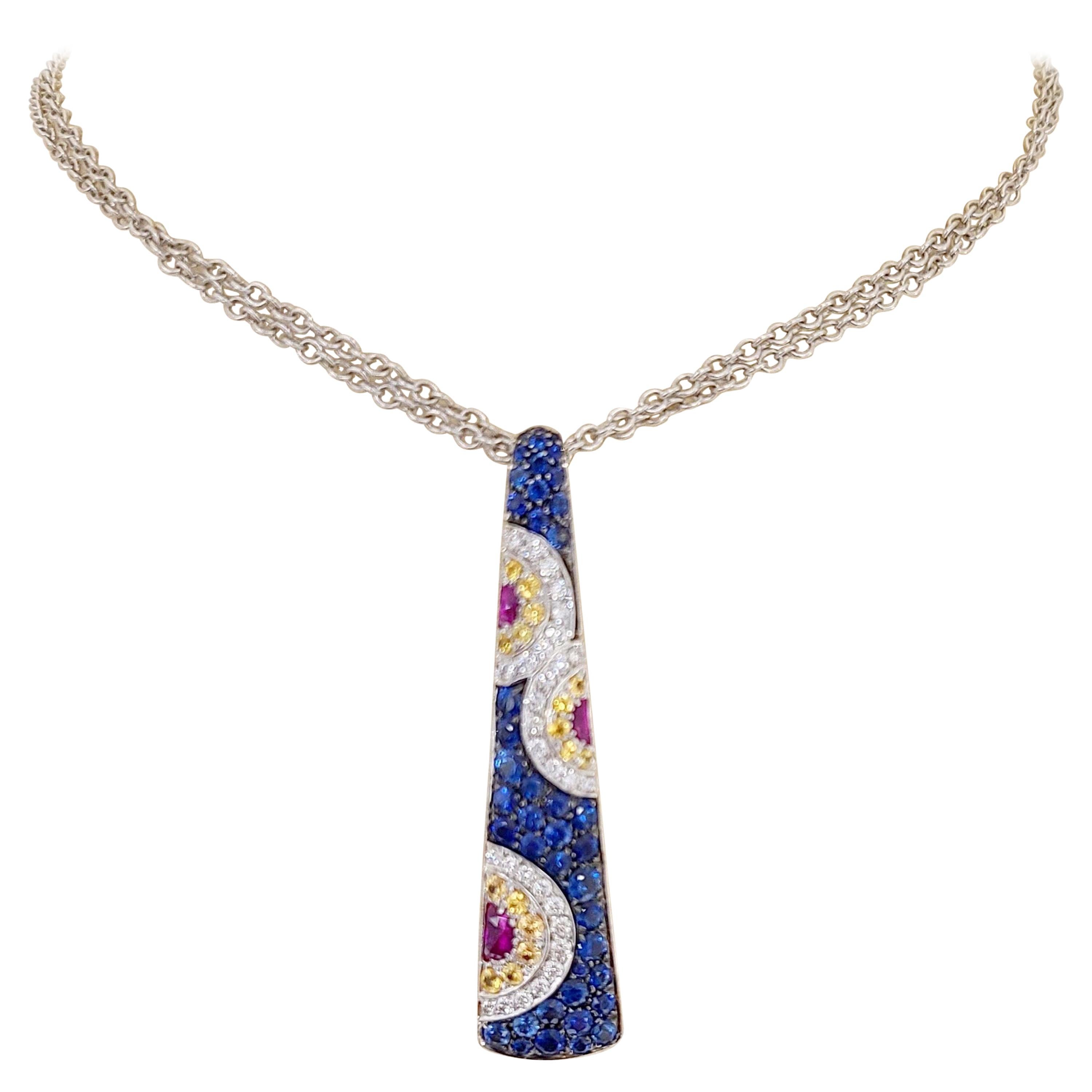 Cellini NYC 18 Karat White Gold Diamonds, Pink, Blue and Yellow Sapphire Pendant For Sale