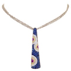 Cellini NYC 18 Karat White Gold Diamonds, Pink, Blue and Yellow Sapphire Pendant